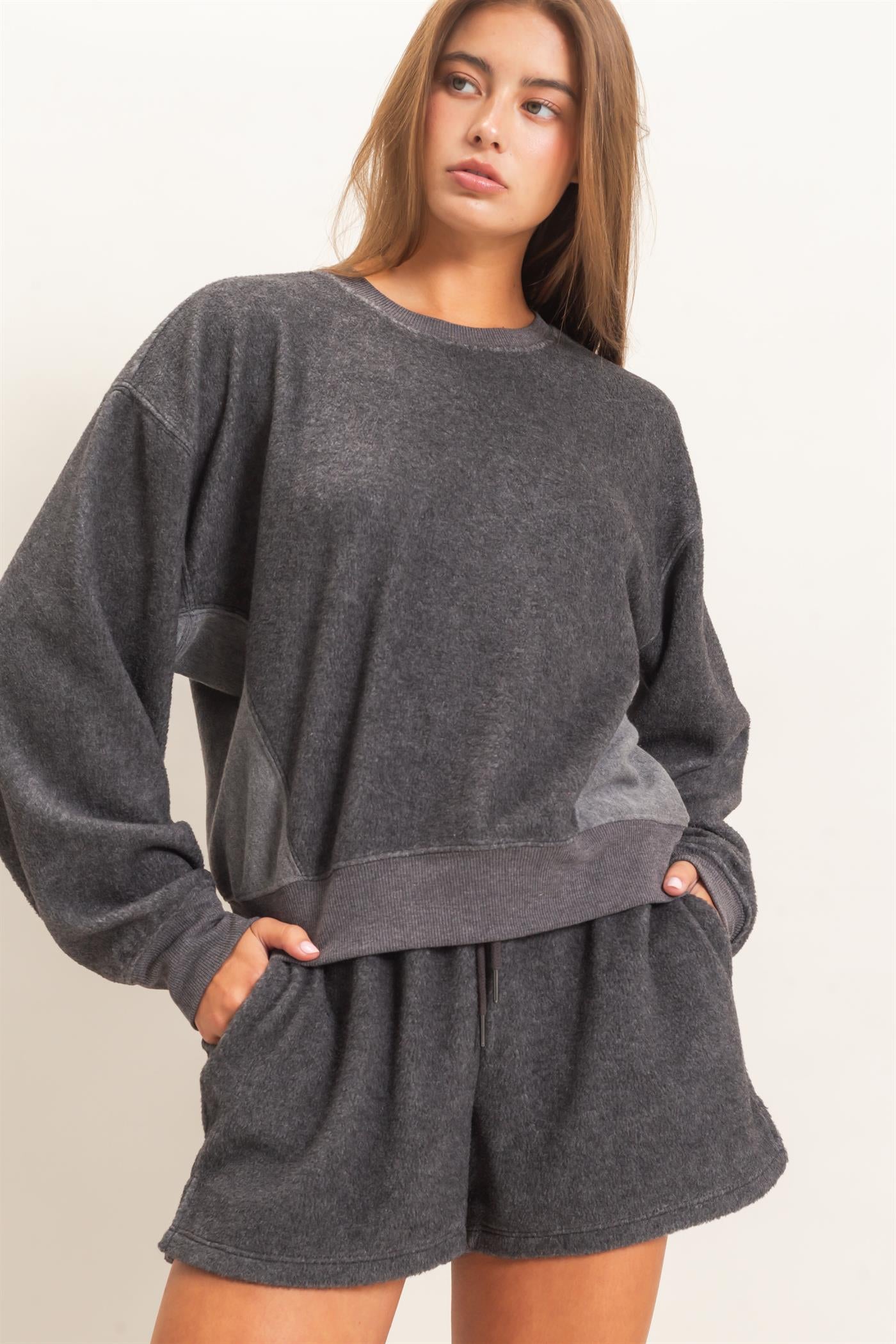 Wholesale Contrast Sweatshirt & Shorts Set Clothing DZ25F478-SET CHARCOAL DOUBLE ZERO