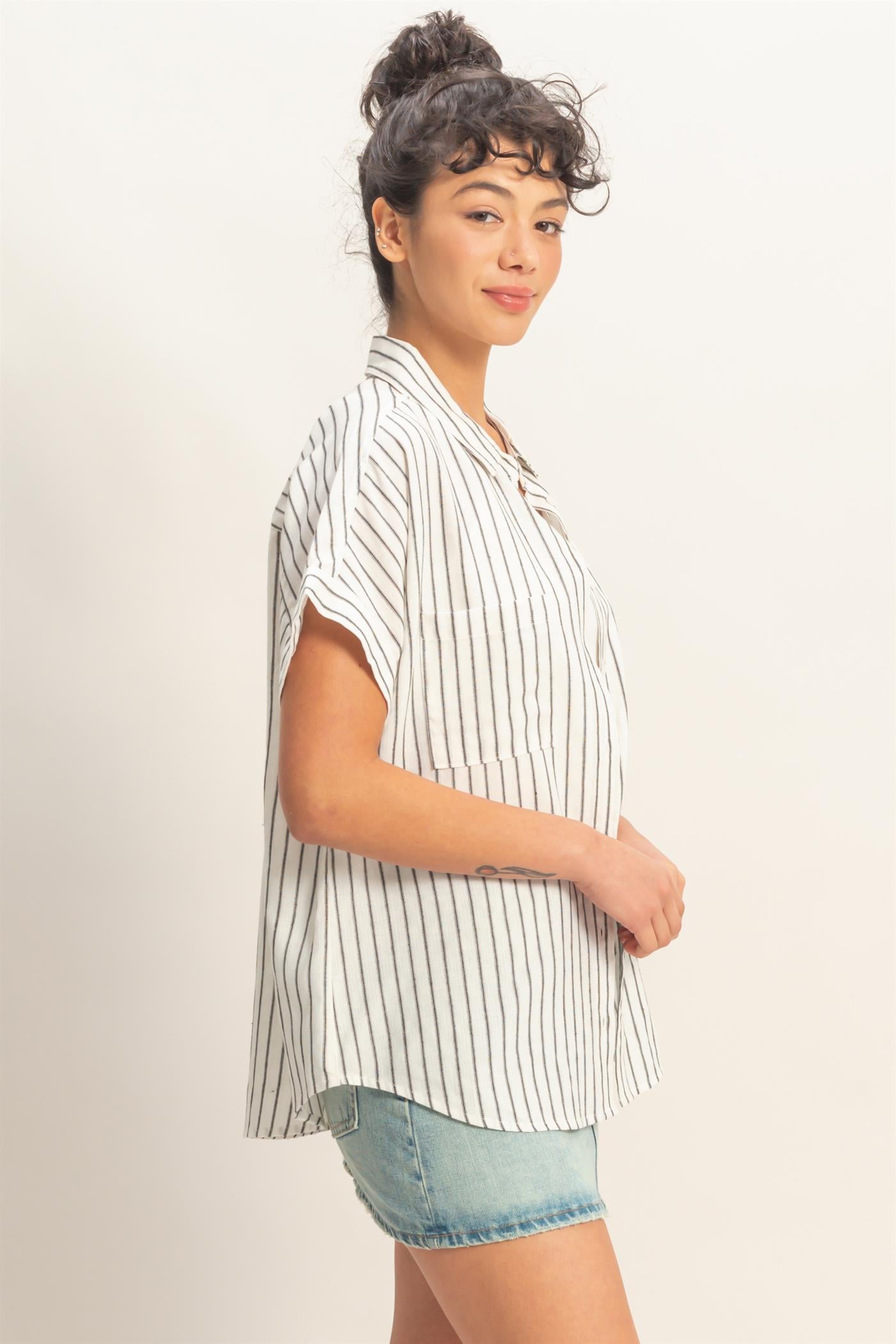 Wholesale Striped Button-Up Dolman Sleeve Shirt Shirts DZ26A207 BLACK DOUBLE ZERO