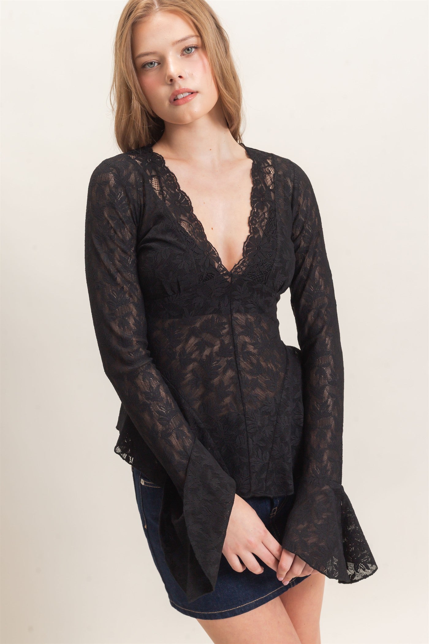 Wholesale Lace V-Neck Flare Sleeve Top Clothing Tops HF26E359 BLACK HYFVE