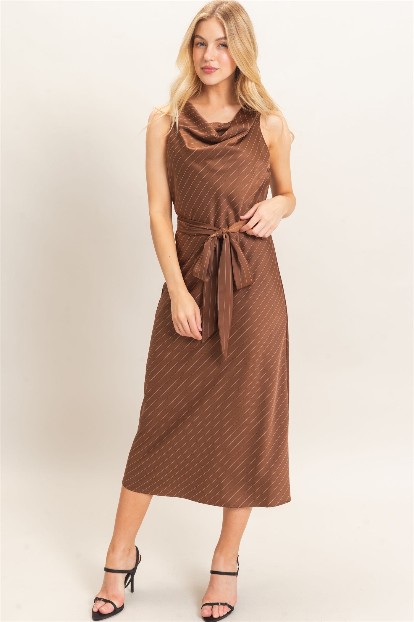 Wholesale Cowl Neck Sleeveless Belted Dress Dresses HF25E739 CHOCOLATE HYFVE