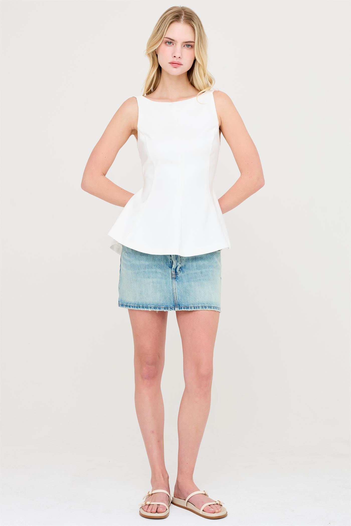 Wholesale Sleeveless Open Back Peplum Top Clothing Tops HF26A292 WHITE HYFVE