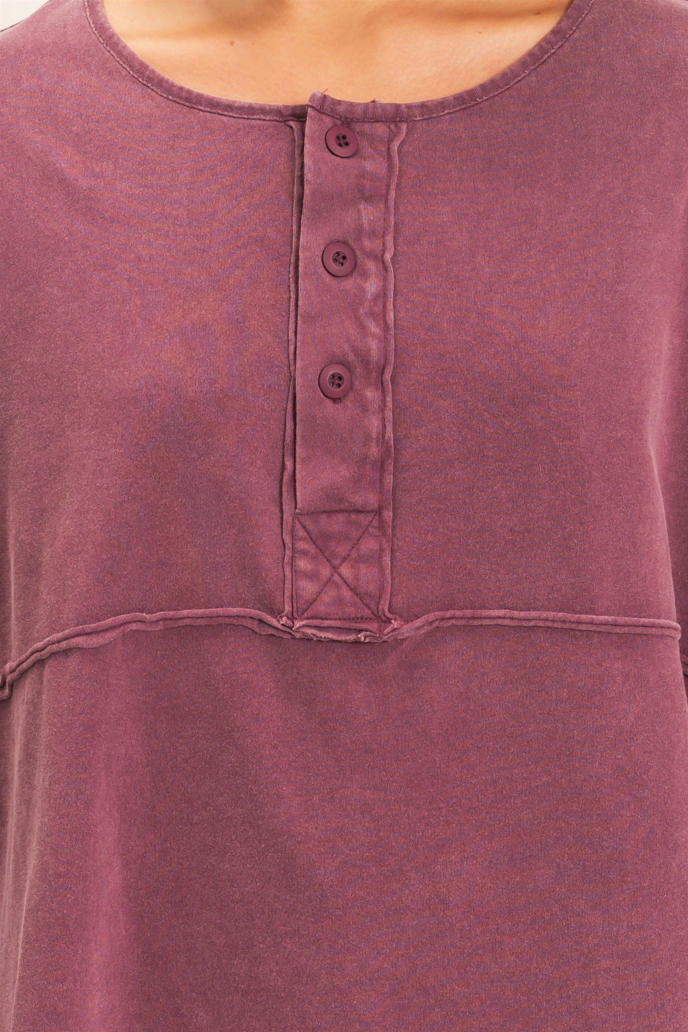 Wholesale Oversized Henley Top With Raw Edges Clothing Tops DZ26F128 DARK CHERRY DOUBLE ZERO