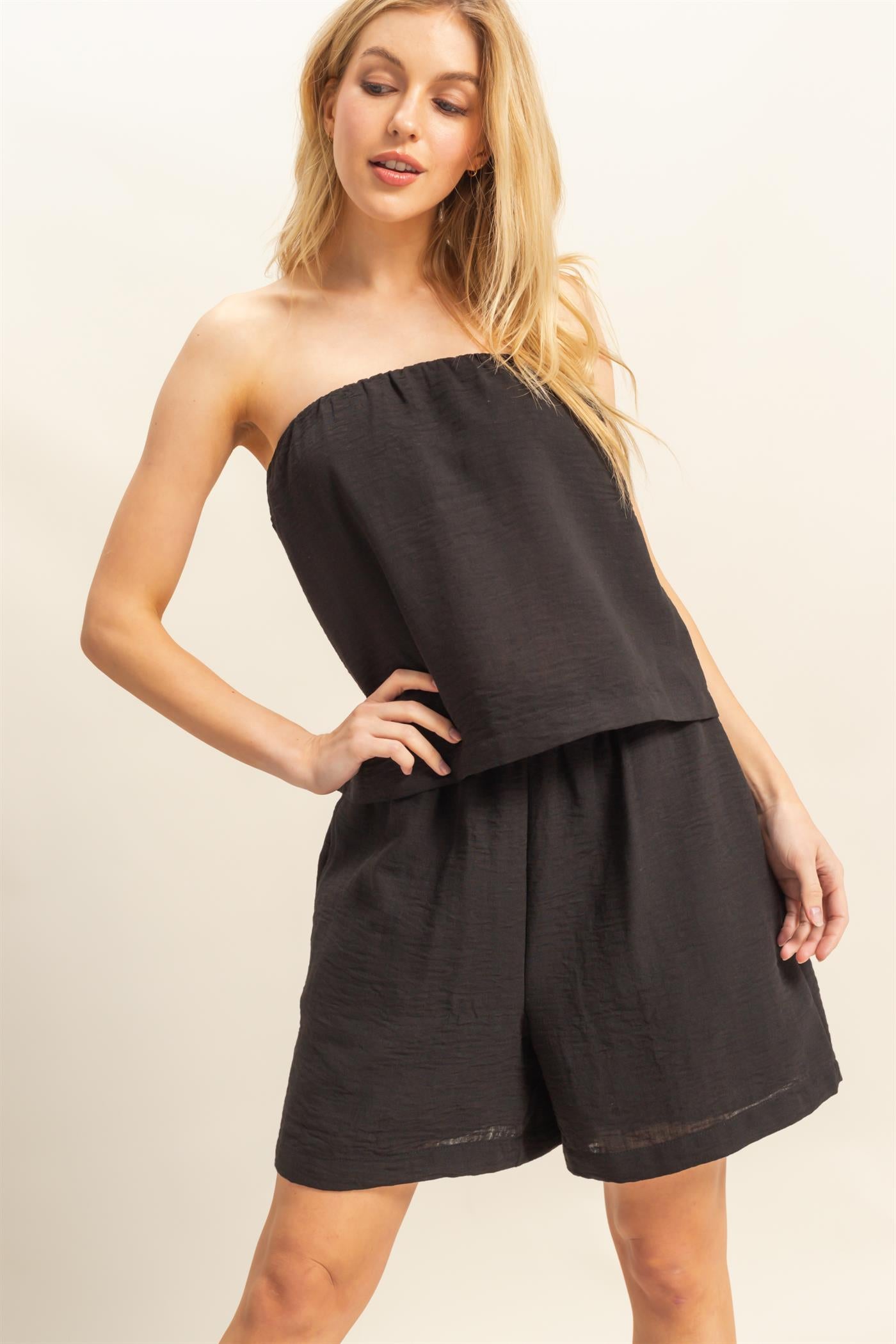 Wholesale Tube Top And Flowy Shorts Set Clothing HF25A273-SET BLACK HYFVE