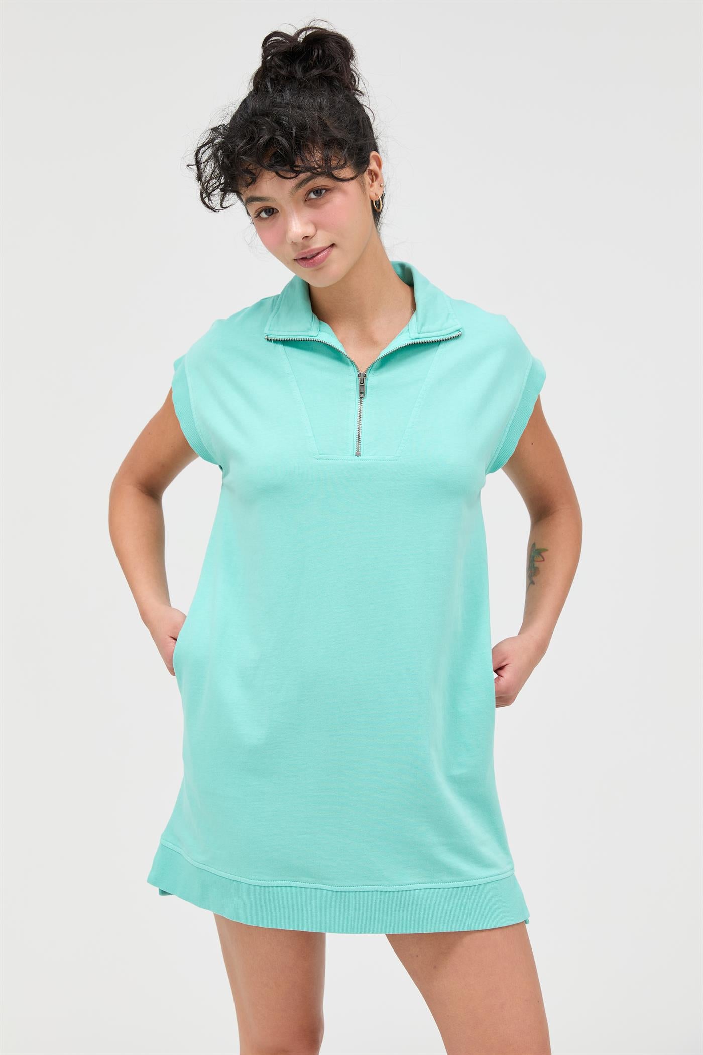 Wholesale Half Zip Up Mock Neck Mini Dress Dresses DZ26A030 TURQUOISE DOUBLE ZERO
