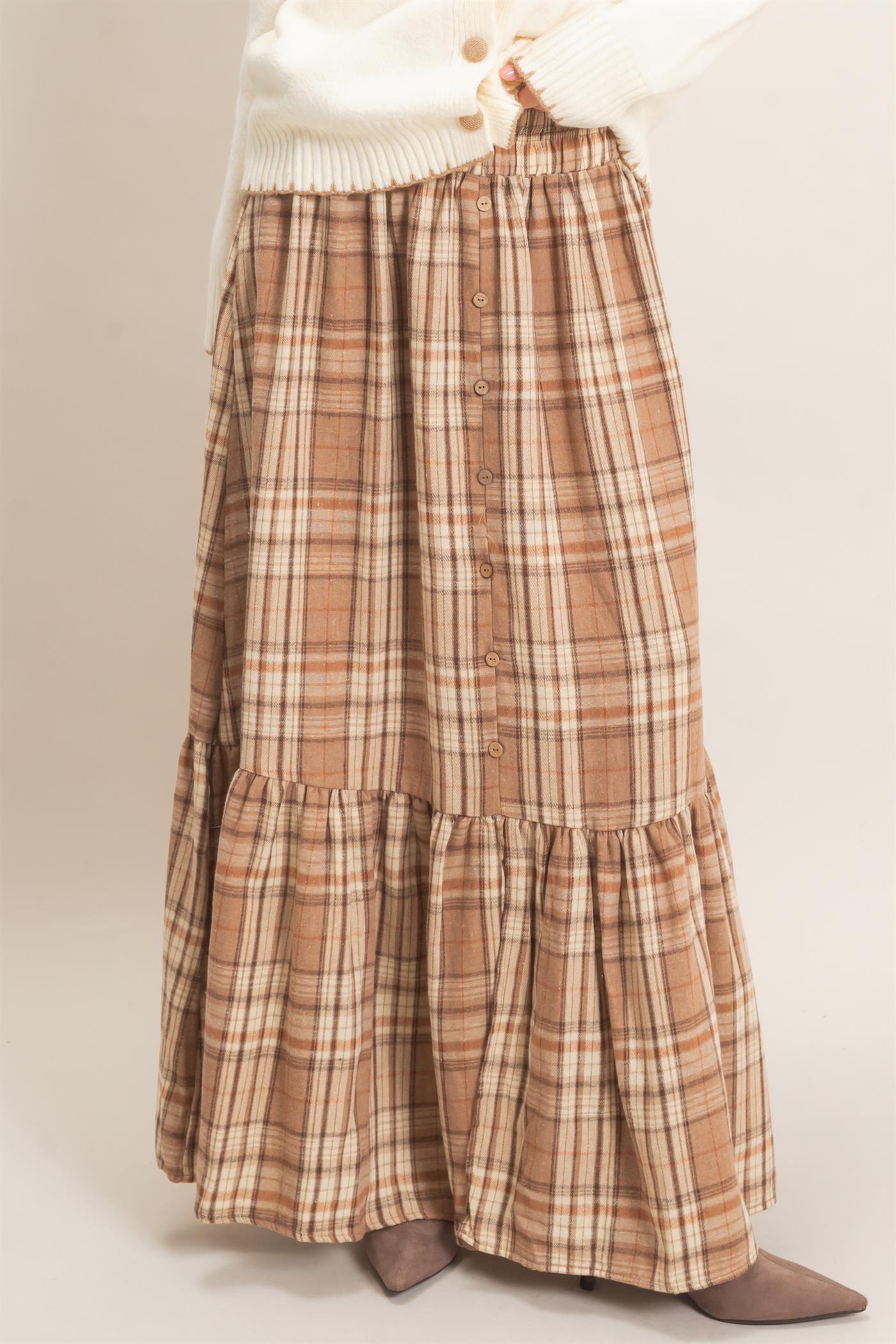 Wholesale Plaid Tiered Ruffle Skirt Skirts HF26E173 MOCHA HYFVE