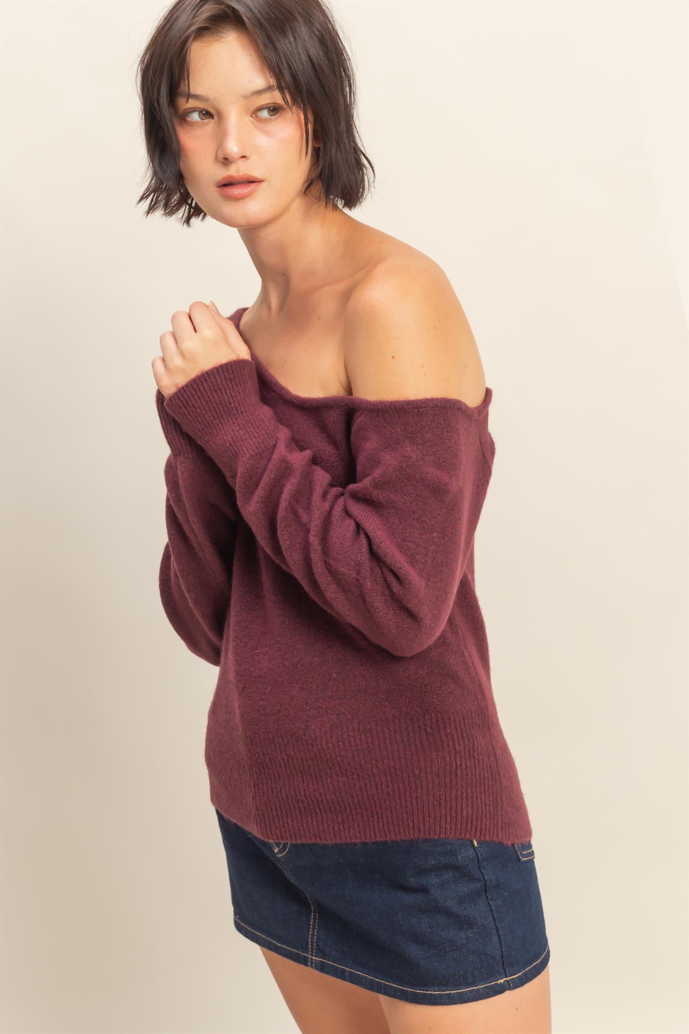 Wholesale Asymmetric Off-Shoulder Sweater Sweaters DZ25F121 DARK CHERRY DOUBLE ZERO