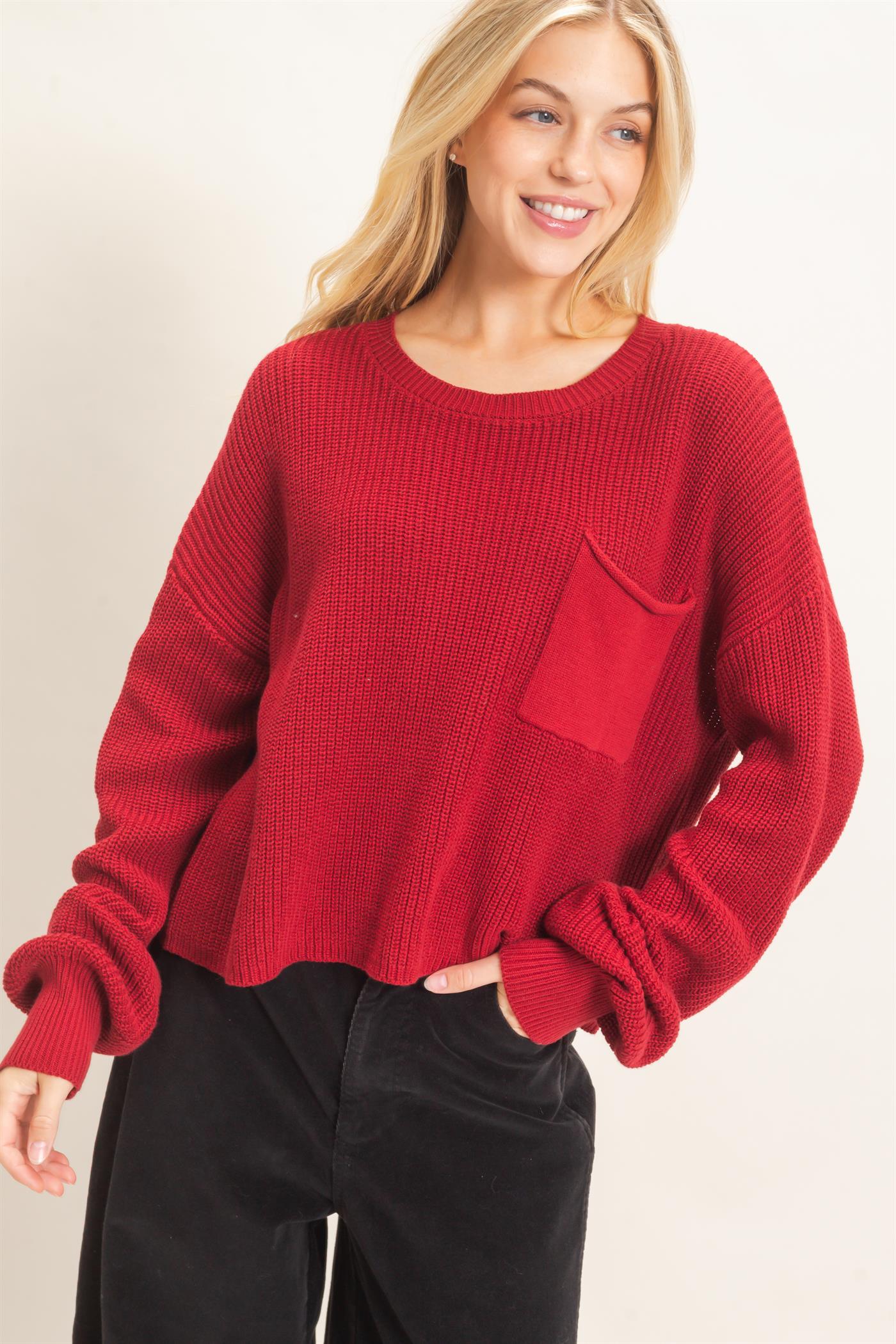 Wholesale Ribbed Drop Shoulder Sweater Sweaters HF26F181 BURGUNDY HYFVE