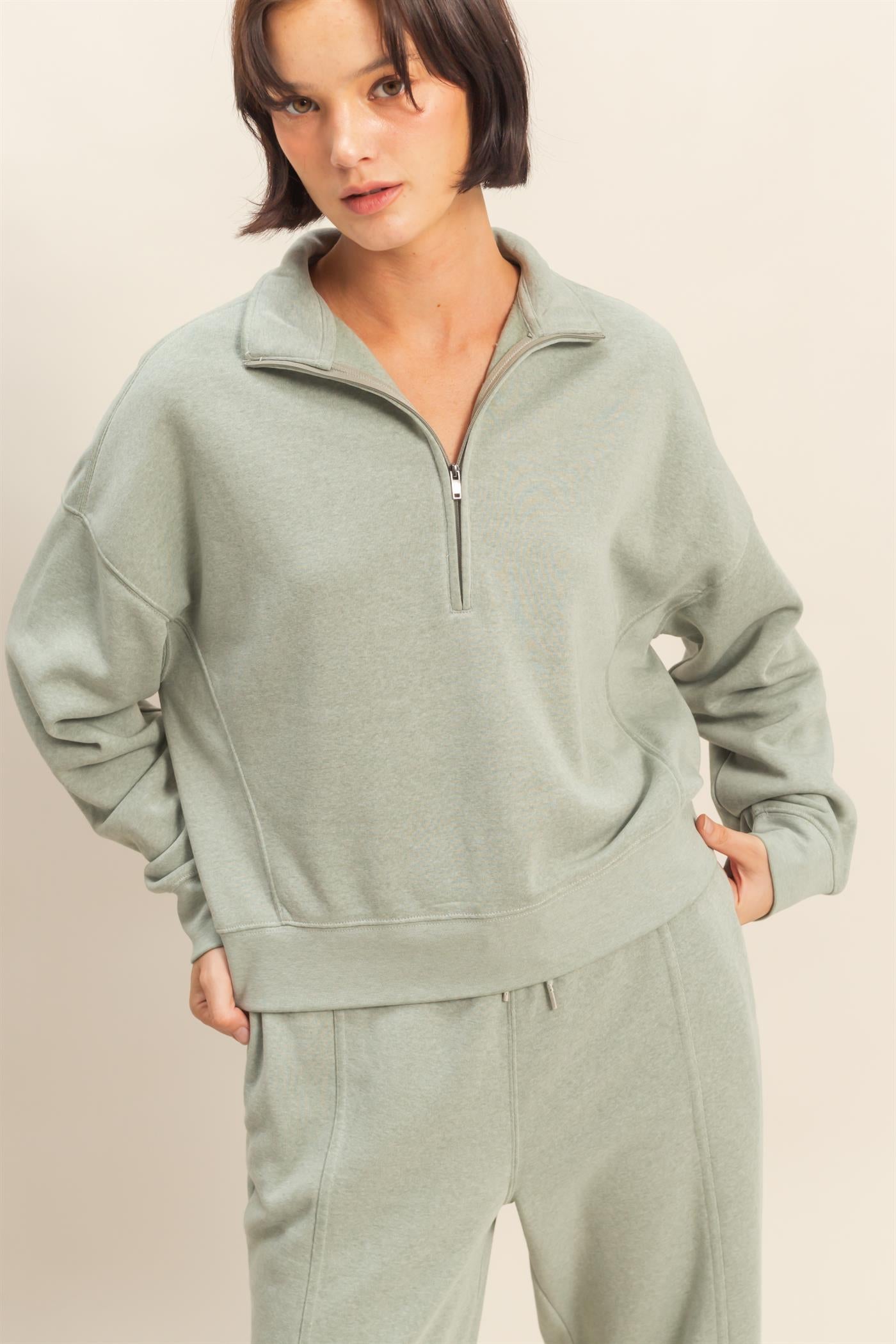 Wholesale Love This Way Half-Zip Sweatshirt Sweatshirts DZ25C908 SAGE GREEN DOUBLE ZERO