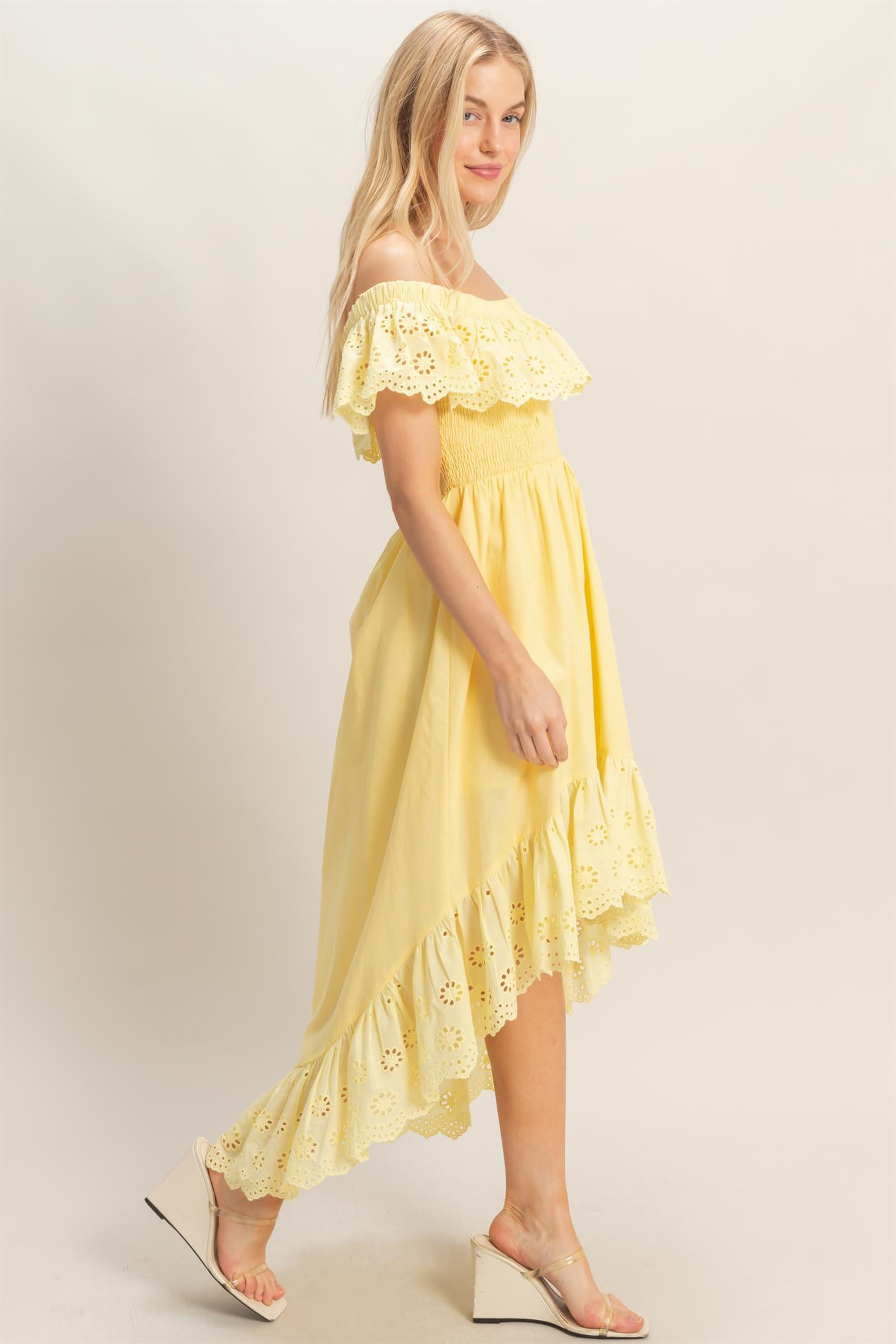 Wholesale Off Shoulder Smocked Dress Dresses HF26C305 YELLOW HYFVE