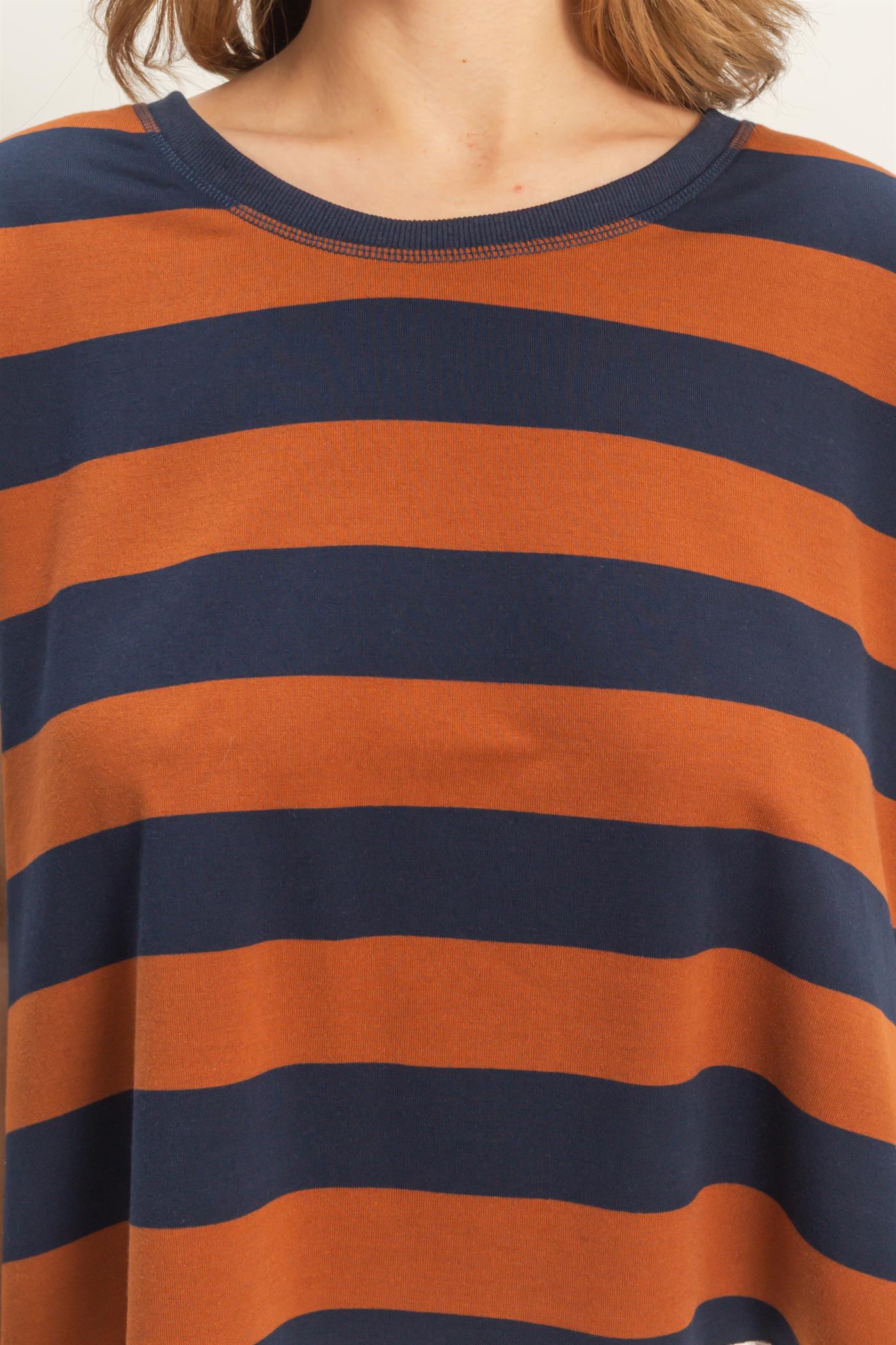 Wholesale Striped Boxy Crew Neck Top Clothing Tops HF26C391 BROWN HYFVE