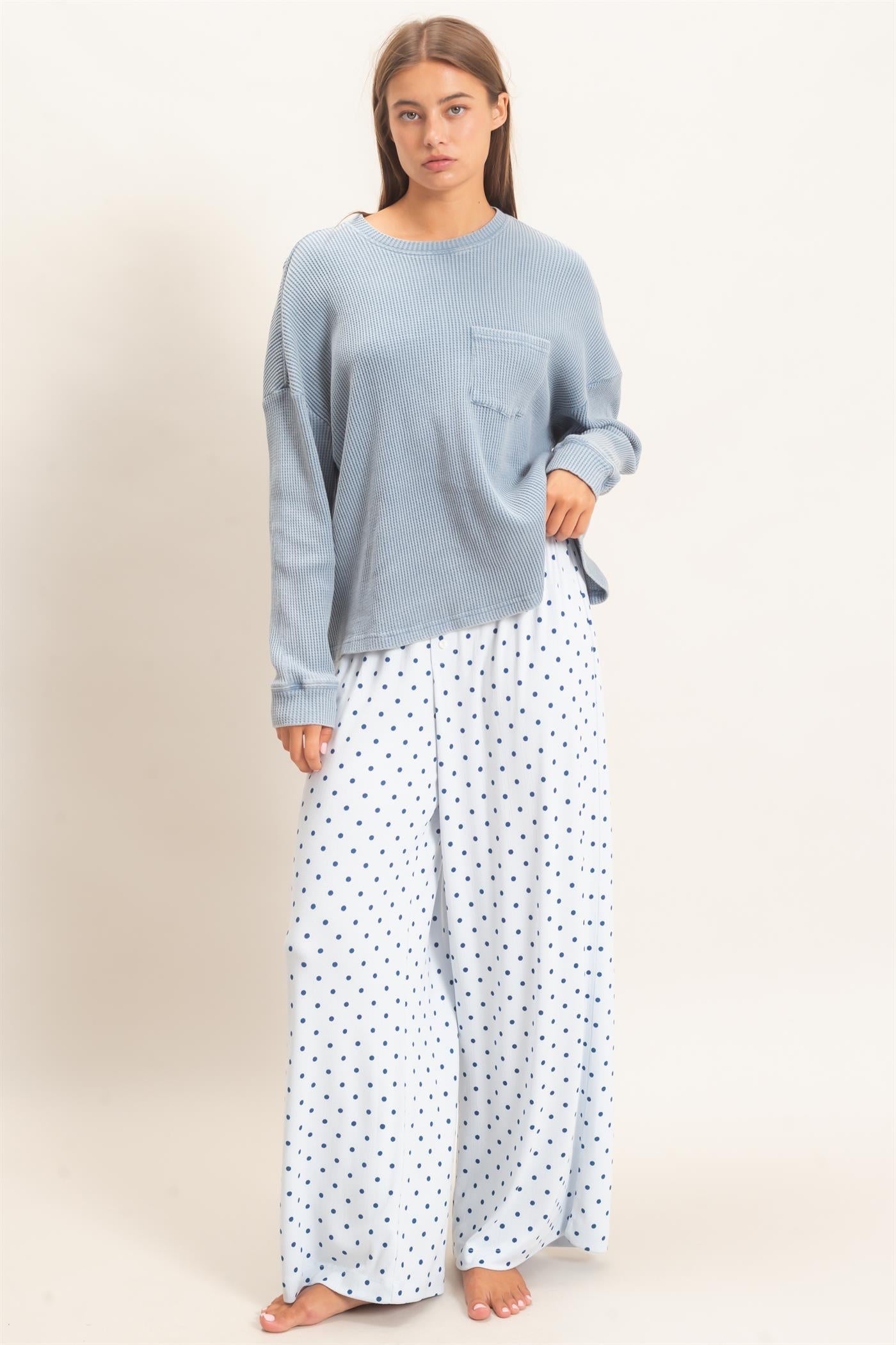 Wholesale Mineral Wash Waffle Long Sleeve Top Clothing Tops DZ26F242 DUSTY BLUE DOUBLE ZERO