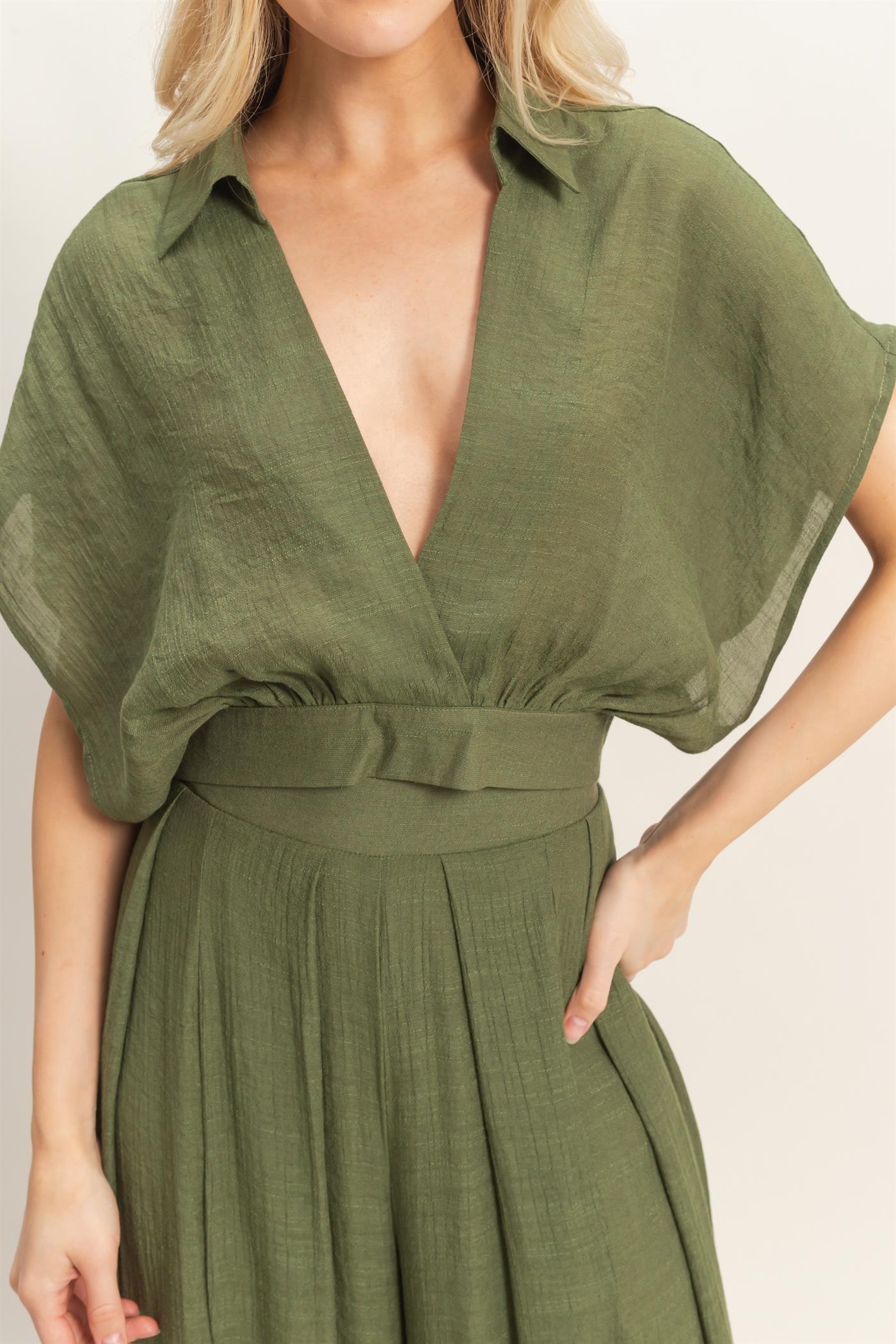 Wholesale Collared Wrap Top & Wide-Leg Pants Set Clothing HF26C286-SET-D OLIVE HYFVE