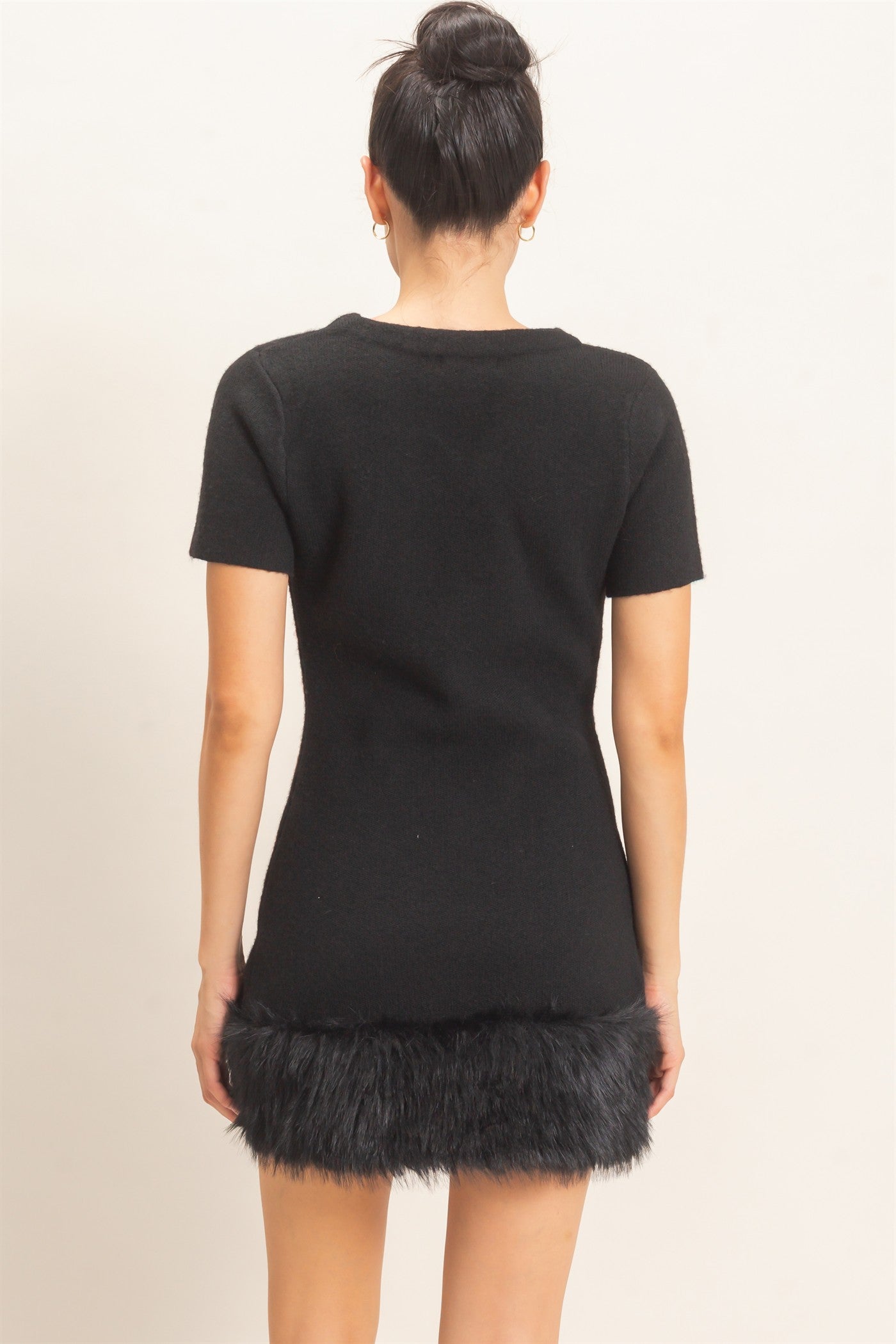 Wholesale Faux Fur Trim Knit Dress Dresses HF26E785-D BLACK HYFVE