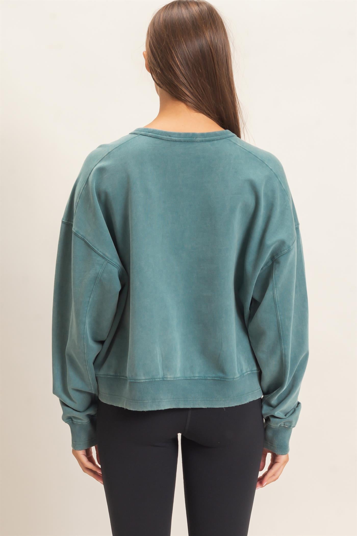 Wholesale Acid Wash Seam Detail Crew Neck Sweatshirt Sweatshirts DZ26E260 DARK TEAL DOUBLE ZERO