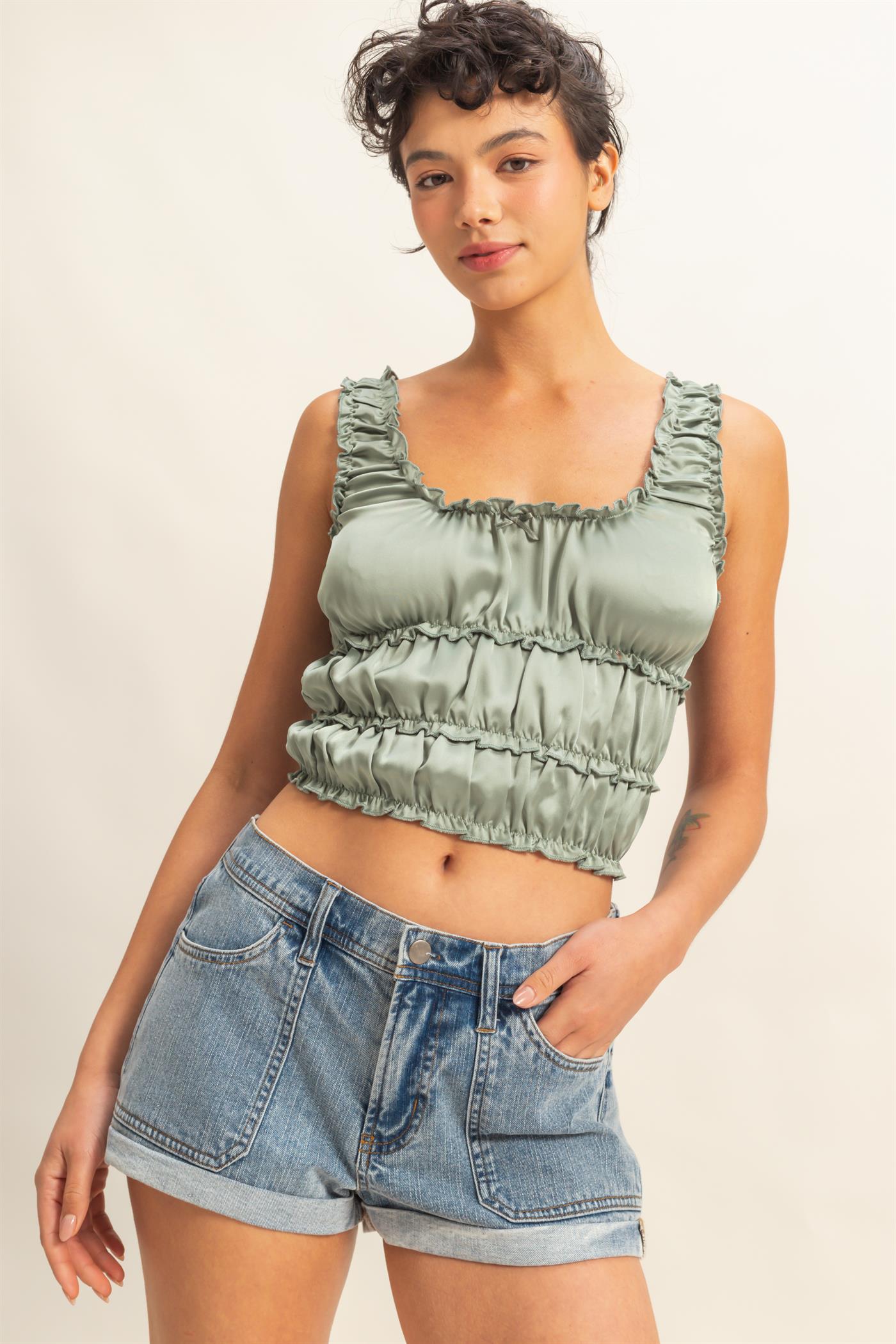 Wholesale Ruched Satin Sleeveless Crop Top Clothing Tops DZ25C172 SAGE GREEN DOUBLE ZERO