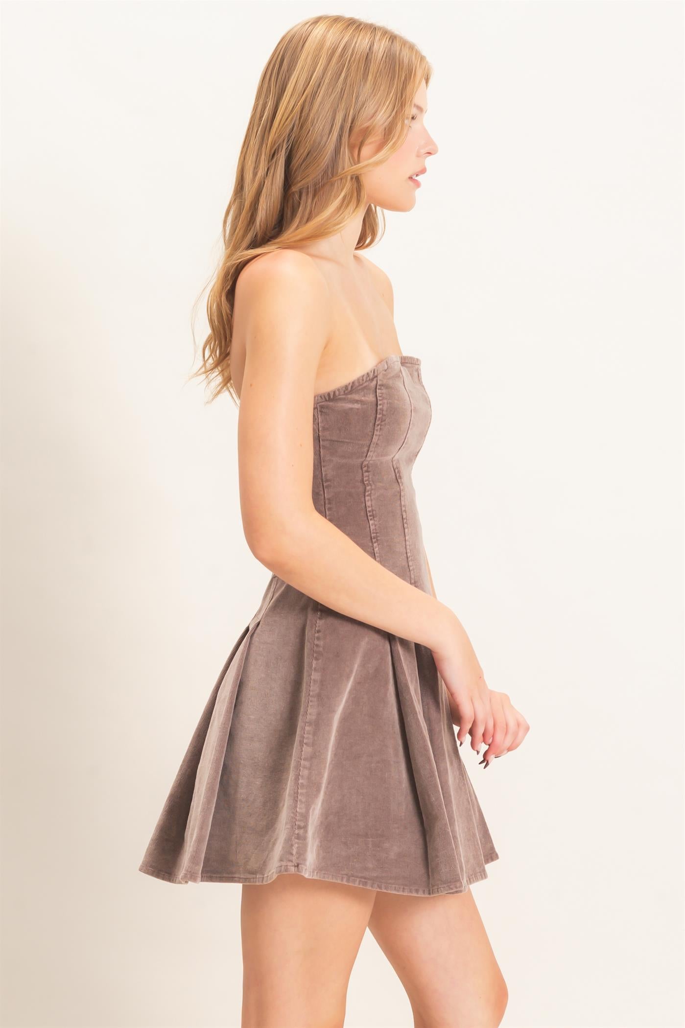 Wholesale Strapless Mineral Wash Dress Dresses HF26F215 BROWN HYFVE