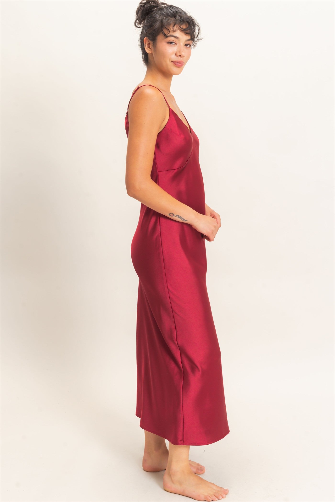 Wholesale Satin V-Neck Slip Dress Dresses DZ26E262 BURGUNDY DOUBLE ZERO