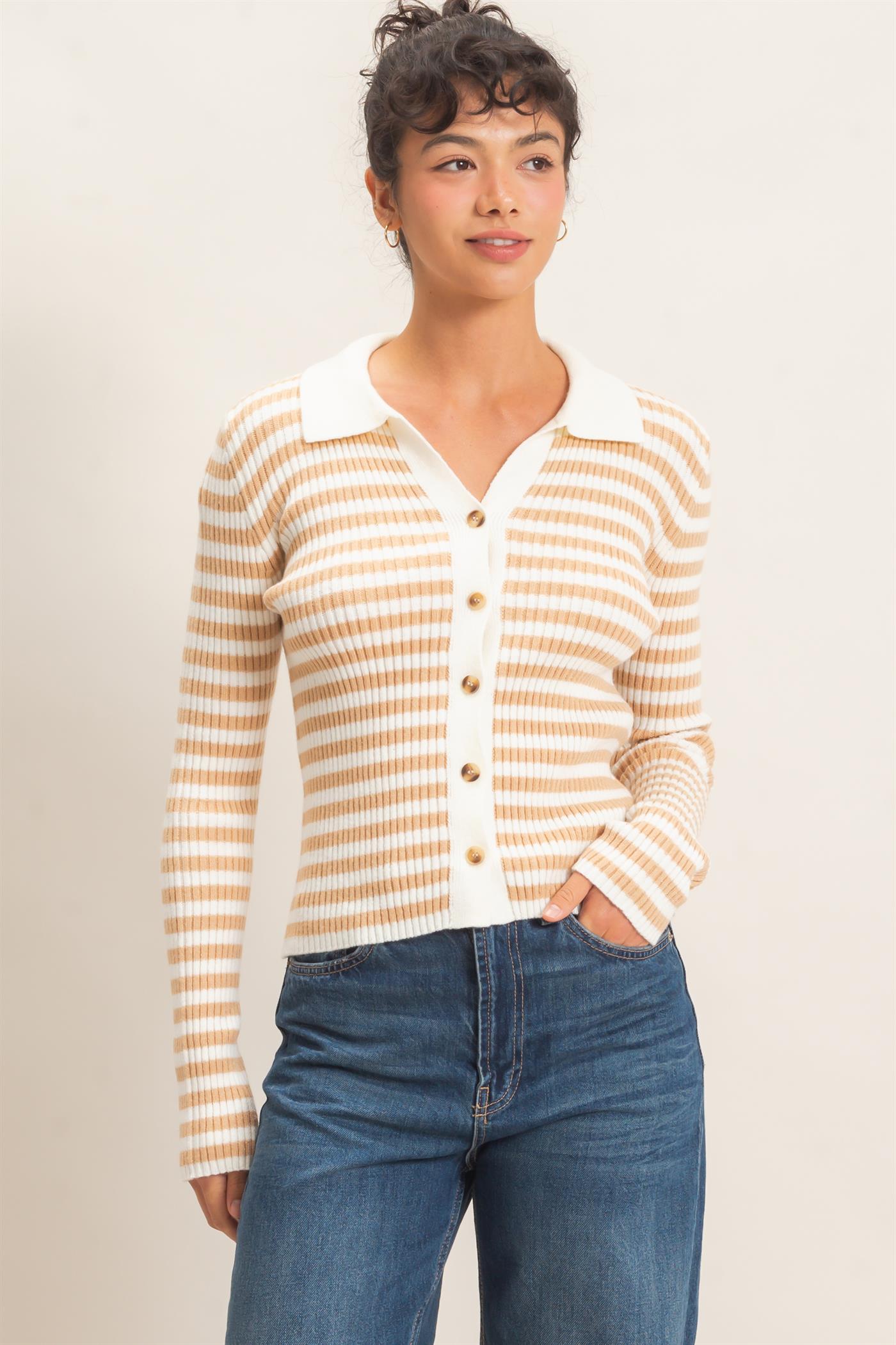 Wholesale Ribbed Striped Polo Knit Top Clothing Tops DZ26E099 TAUPE DOUBLE ZERO