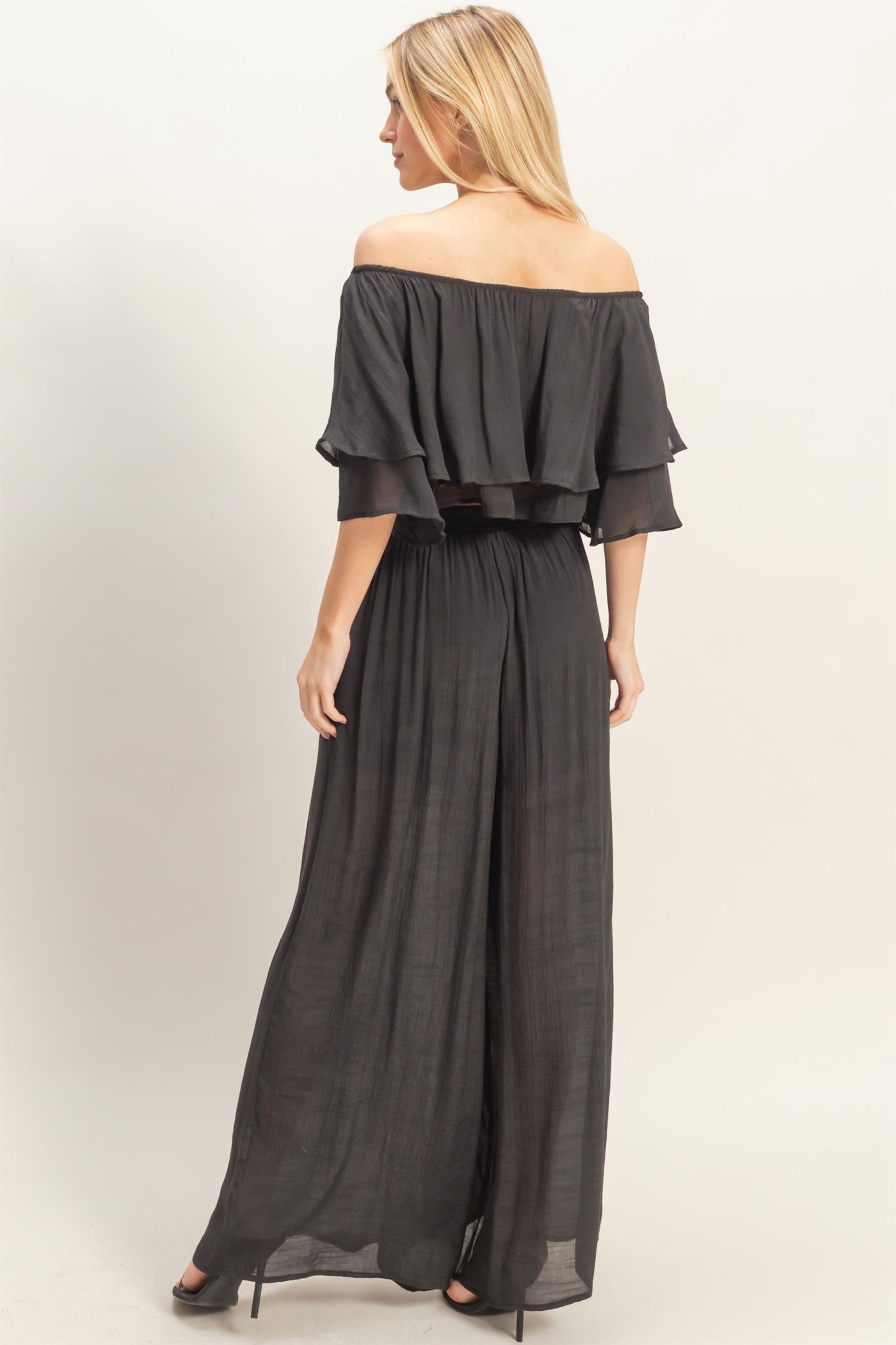 Wholesale Off Shoulder Top & Pleated Pant Set Clothing HF26C291-SET-D BLACK HYFVE