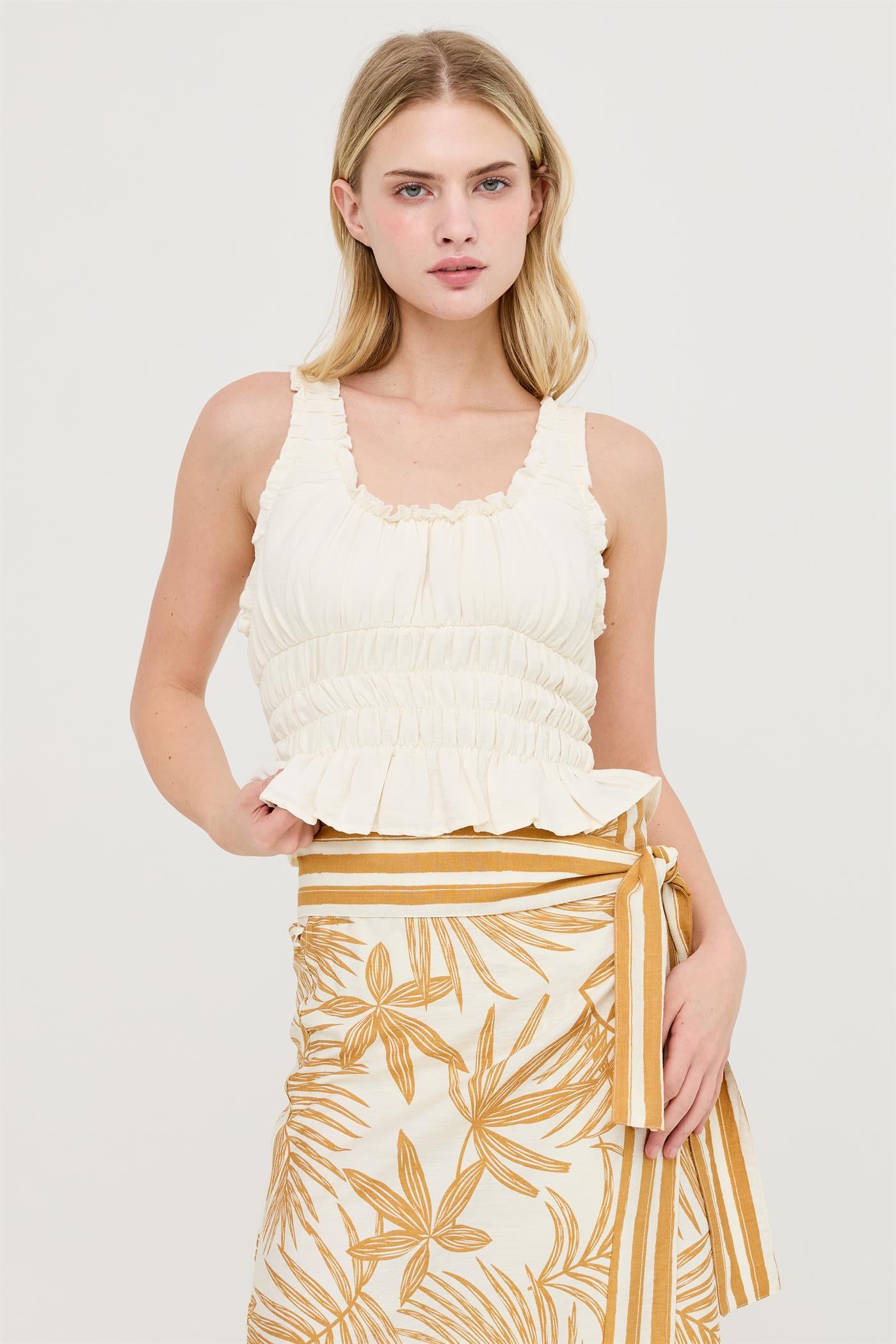 Wholesale Ruched Square Neck Smocked Top Clothing Tops HF26E388-D OFF WHITE HYFVE