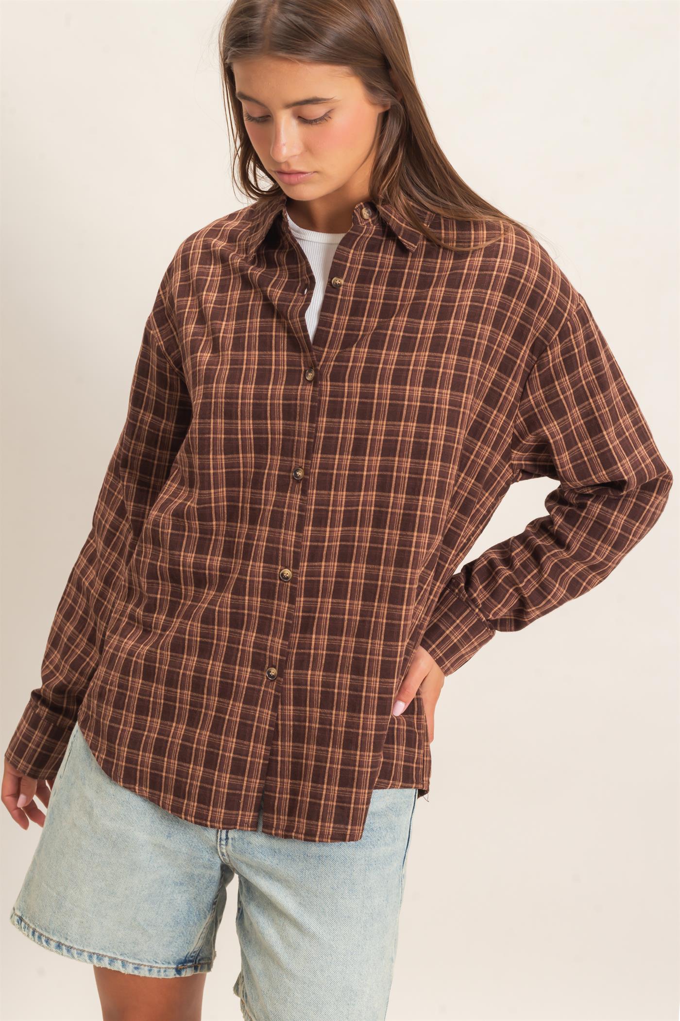 Wholesale Plaid Oversized Shirt Shirts DZ26F062 BROWN DOUBLE ZERO