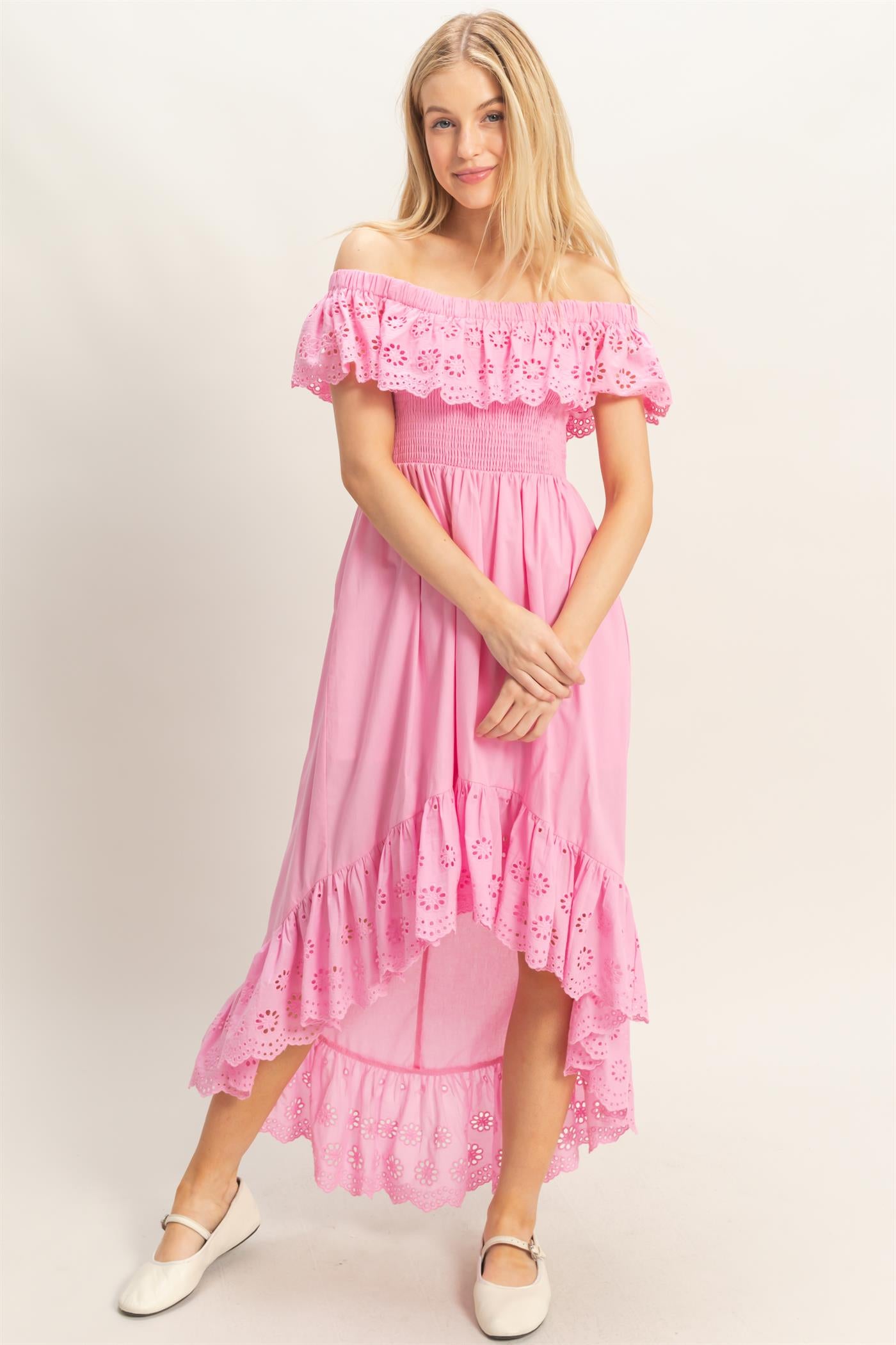 Wholesale Off Shoulder Smocked Dress Dresses HF26C305 PINK HYFVE
