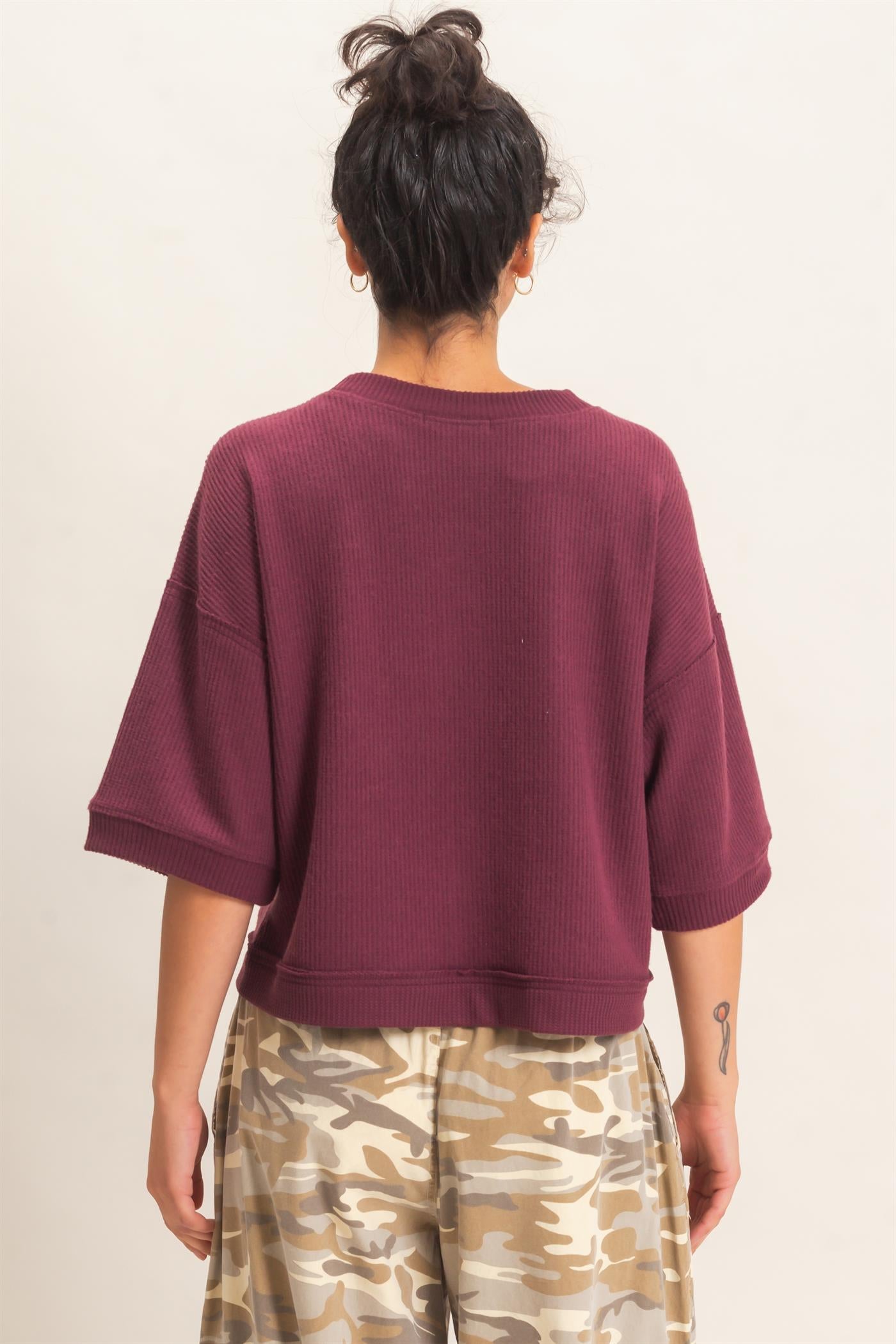 Wholesale Button-Down Short Sleeve Waffle Top Clothing Tops DZ26F244 DARK CHERRY DOUBLE ZERO