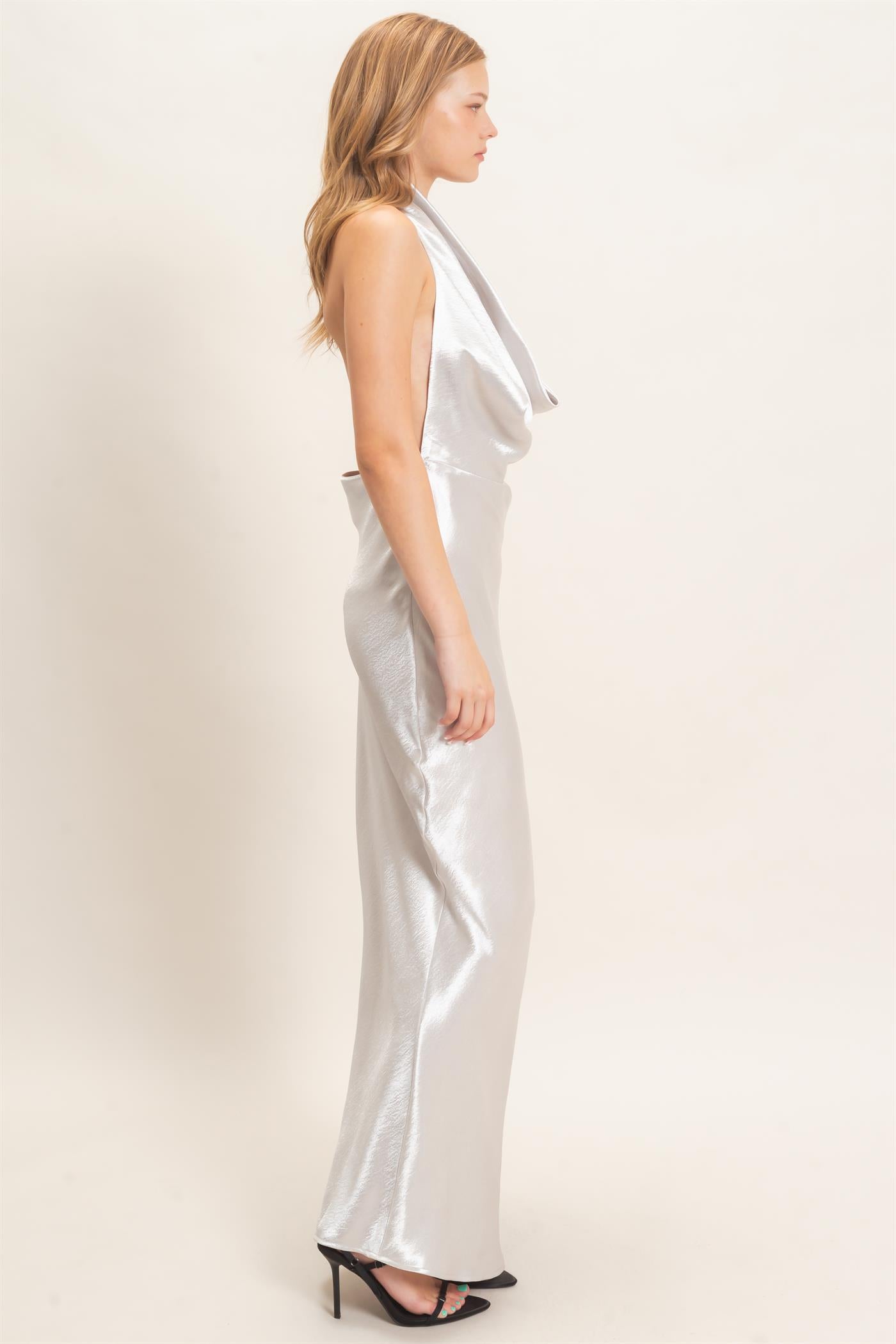 Wholesale Satin Cowl Neck Maxi Dress Dresses HF26F216-D SILVER HYFVE