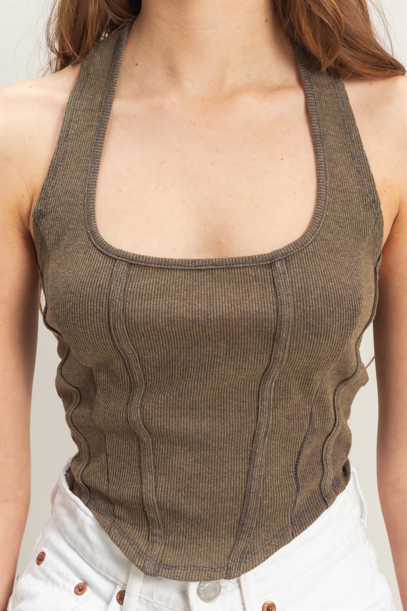 Wholesale Mineral Wash Halter Neck Everyday Top Clothing Tops HF25A060 CHARCOAL HYFVE