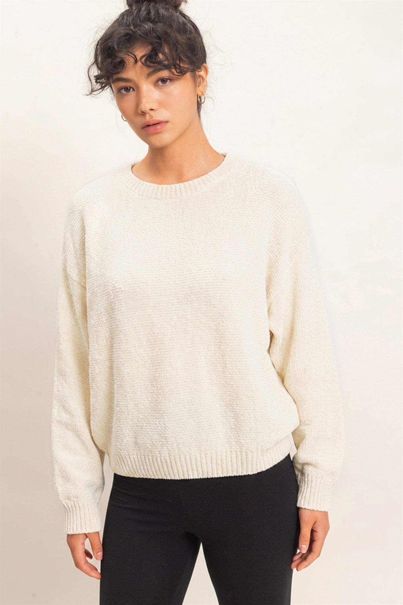 Wholesale Chenille Crew Neck Sweater Sweaters DZ26E264 CREAM DOUBLE ZERO