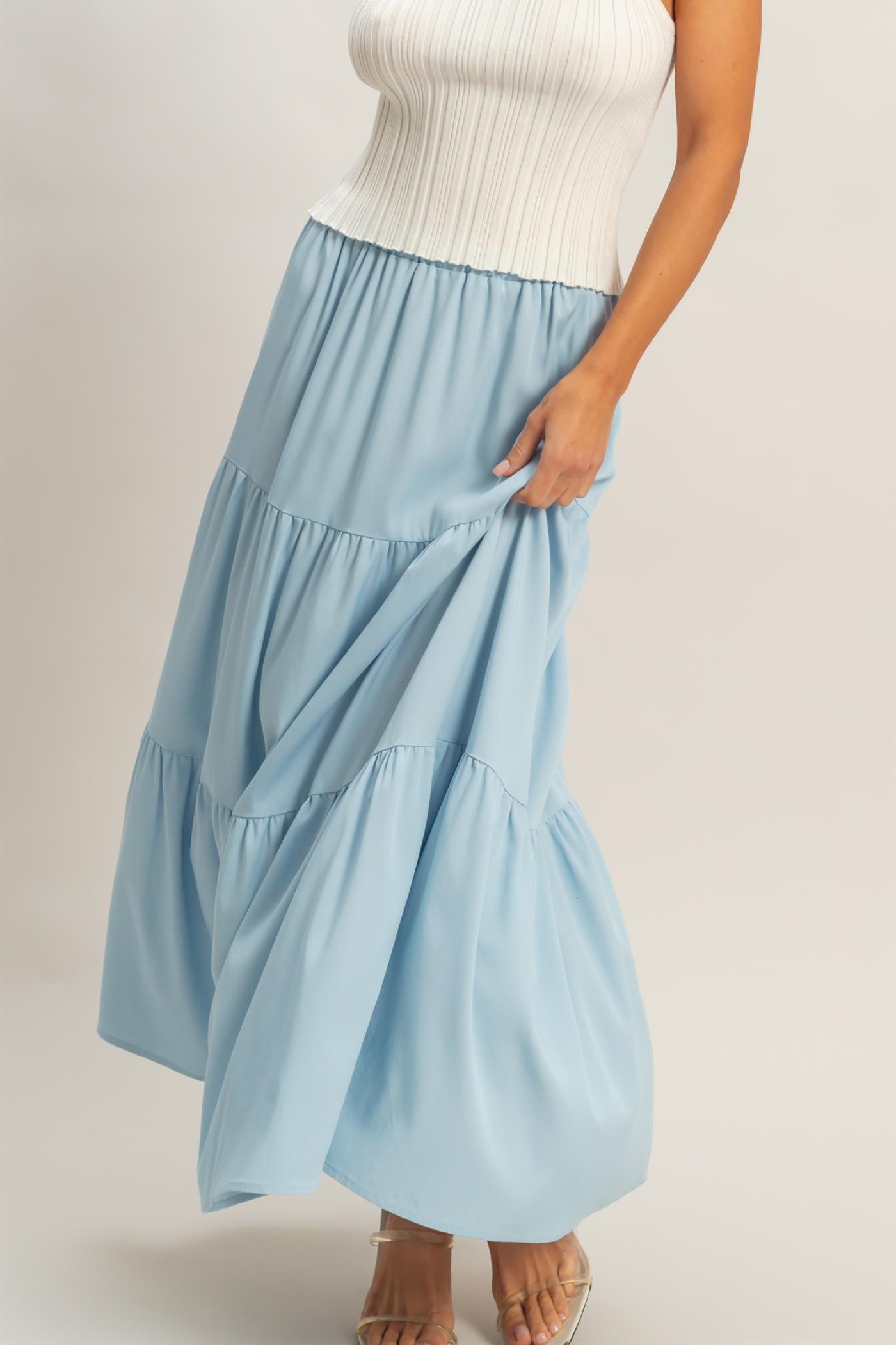 Wholesale Elastic Waist 3-Tier Skirt Skirts HF26E340-D L.BLUE HYFVE
