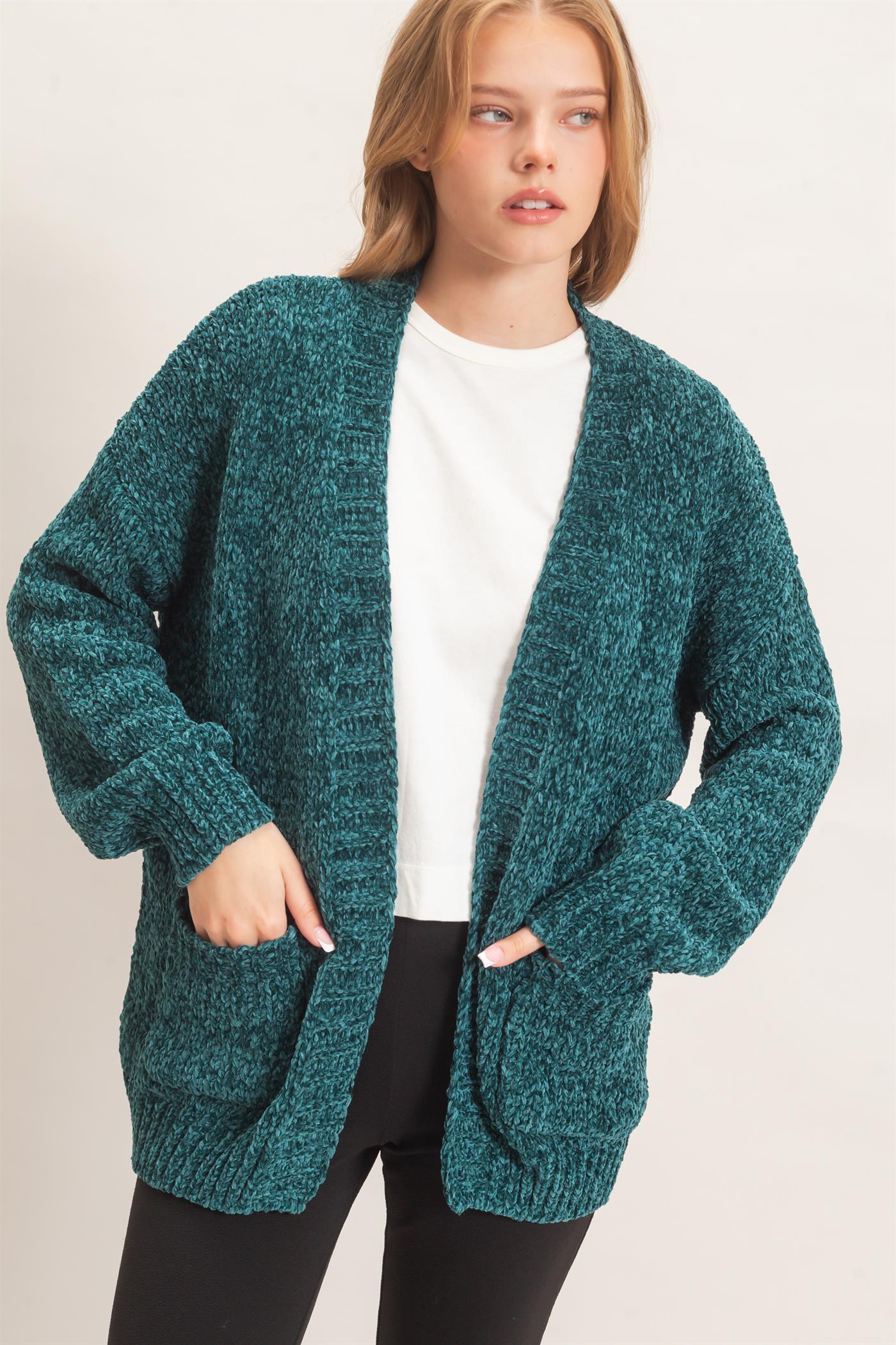 Wholesale Patch Pocket Chenille Cardigan Cardigans HF26E839 EMERALD GREEN HYFVE