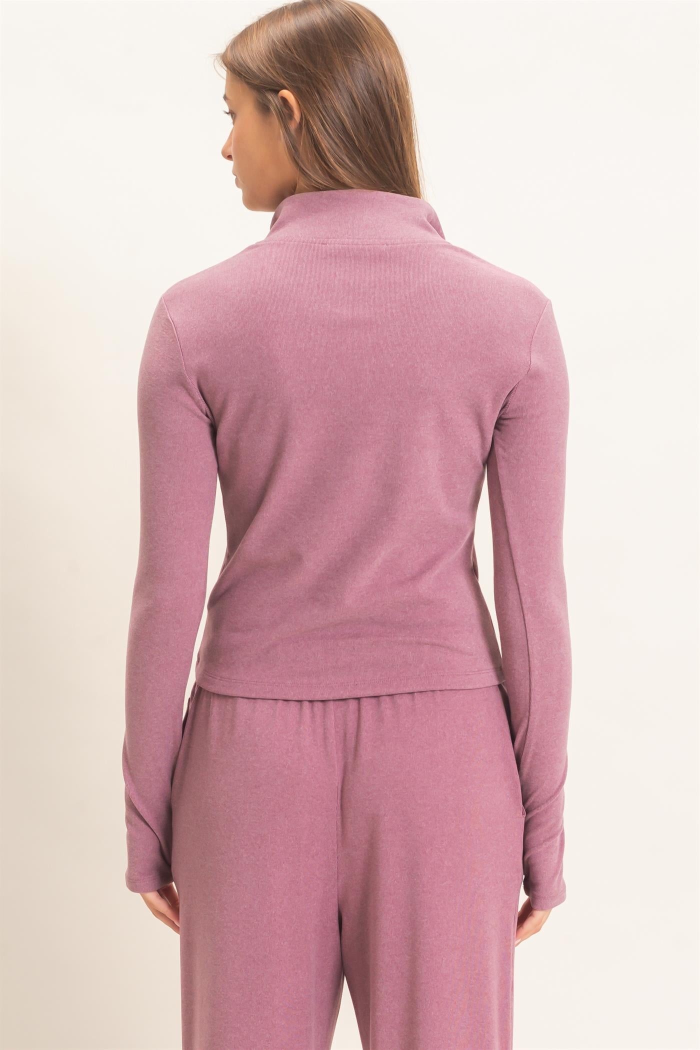 Wholesale Mock Neck Long Sleeve Zip Up Top Clothing Tops DZ26E911 PLUM DOUBLE ZERO