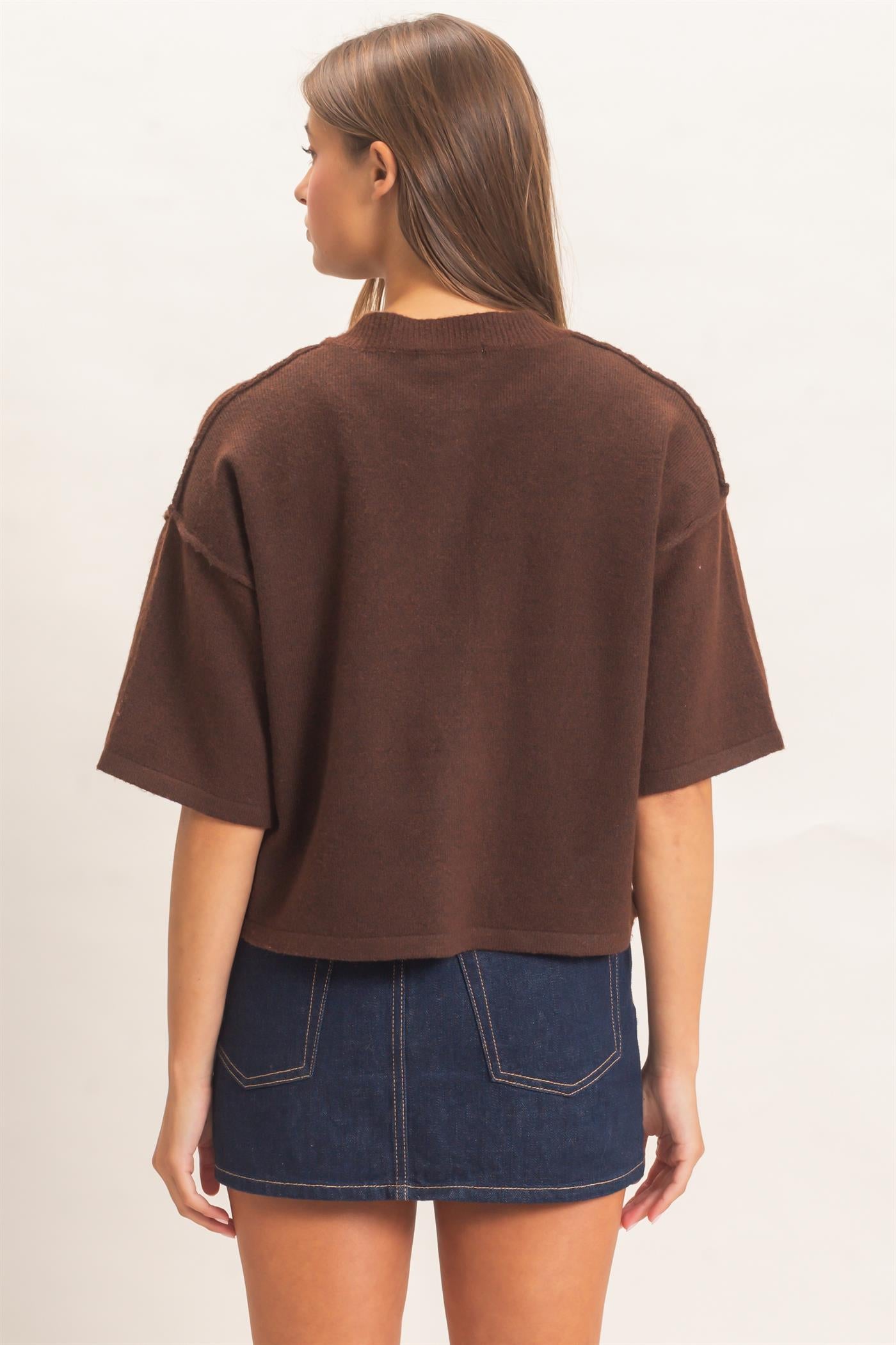 Wholesale Drop Shoulder Short Sleeve Cardigan Cardigans DZ26E238 DARK BROWN DOUBLE ZERO