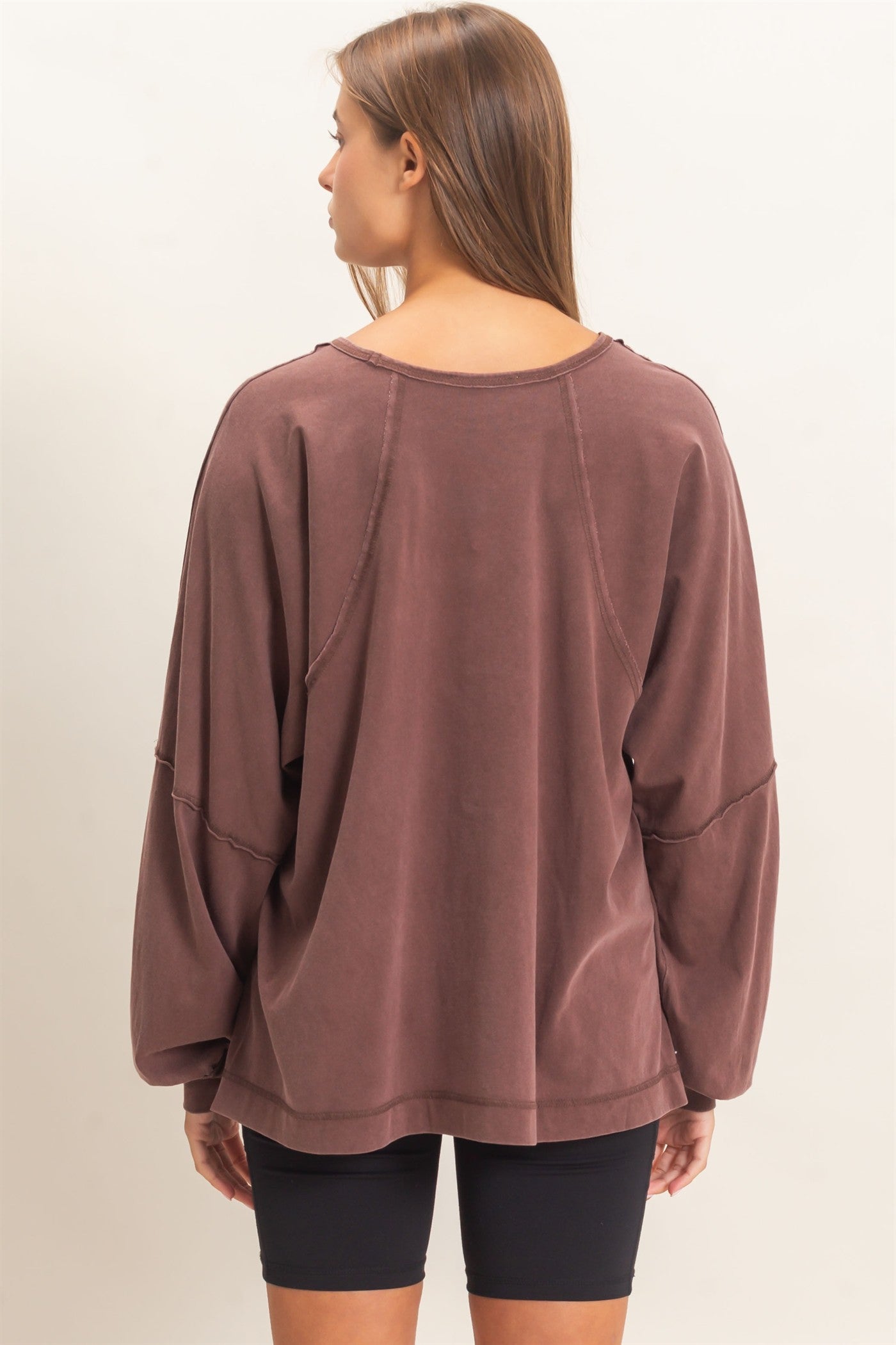 Wholesale Raglan Sleeve Snow Wash Top Shirts DZ26E945 DARK BROWN DOUBLE ZERO