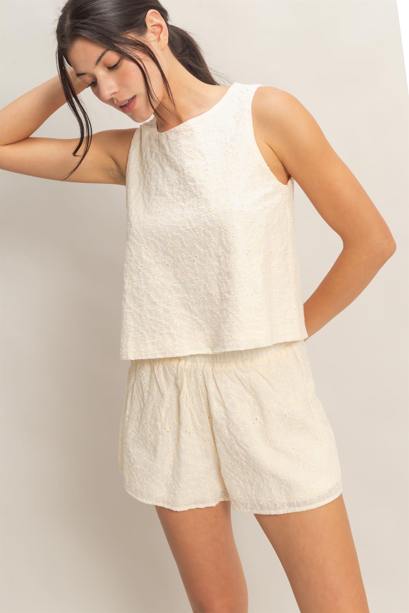 Wholesale Eyelet Sleeveless Top & Shorts Set Clothing HF26C216-SET CREAM HYFVE