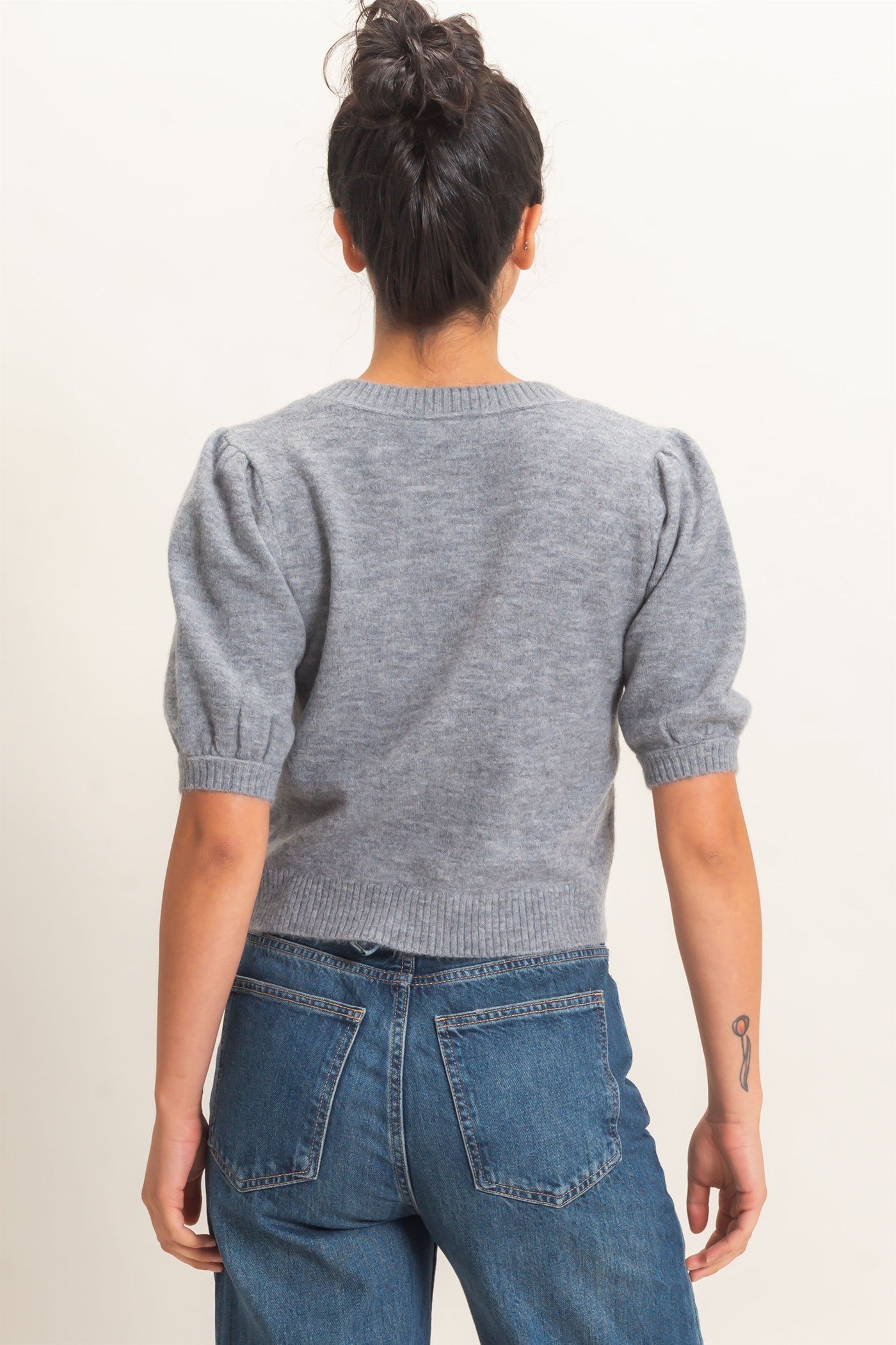 Wholesale Button Front Puff Short Sleeve Cardigan Cardigans DZ26C960 HEATHER GRAY DOUBLE ZERO