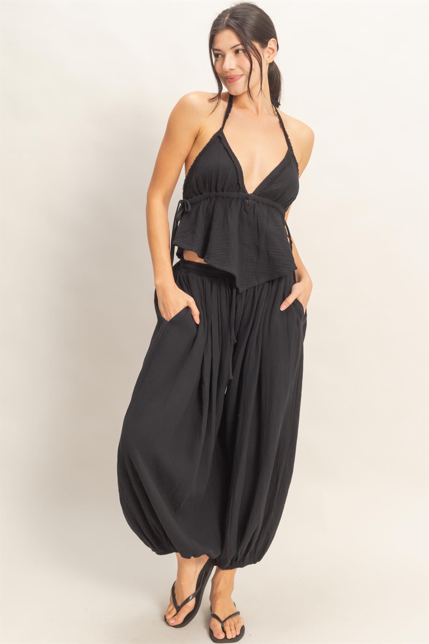 Wholesale Textured Halter Tie Waist Top Clothing Tops HF26C027 BLACK HYFVE