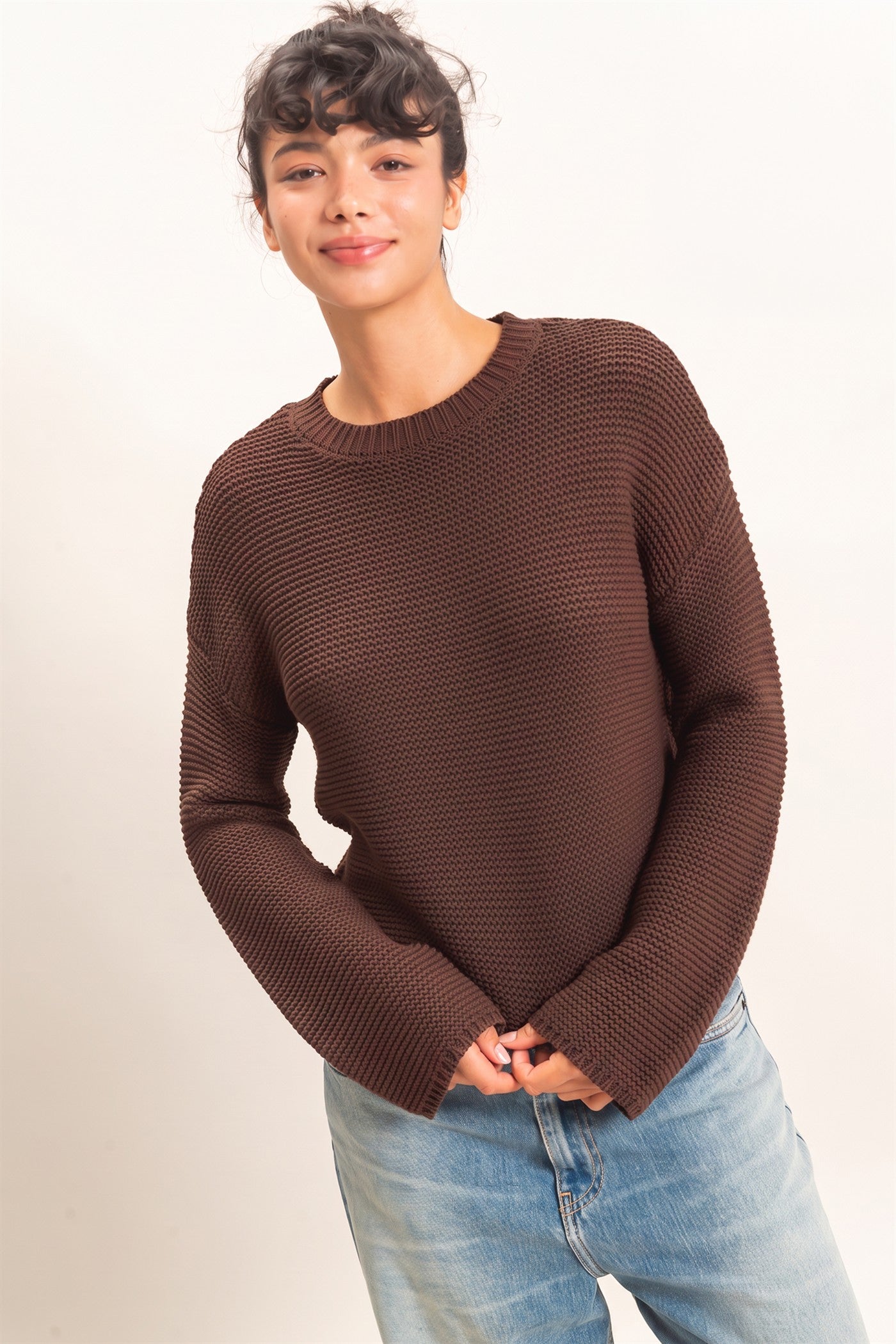Wholesale Textured Knit Crew Neck Sweater Sweaters DZ26F395 DARK BROWN DOUBLE ZERO