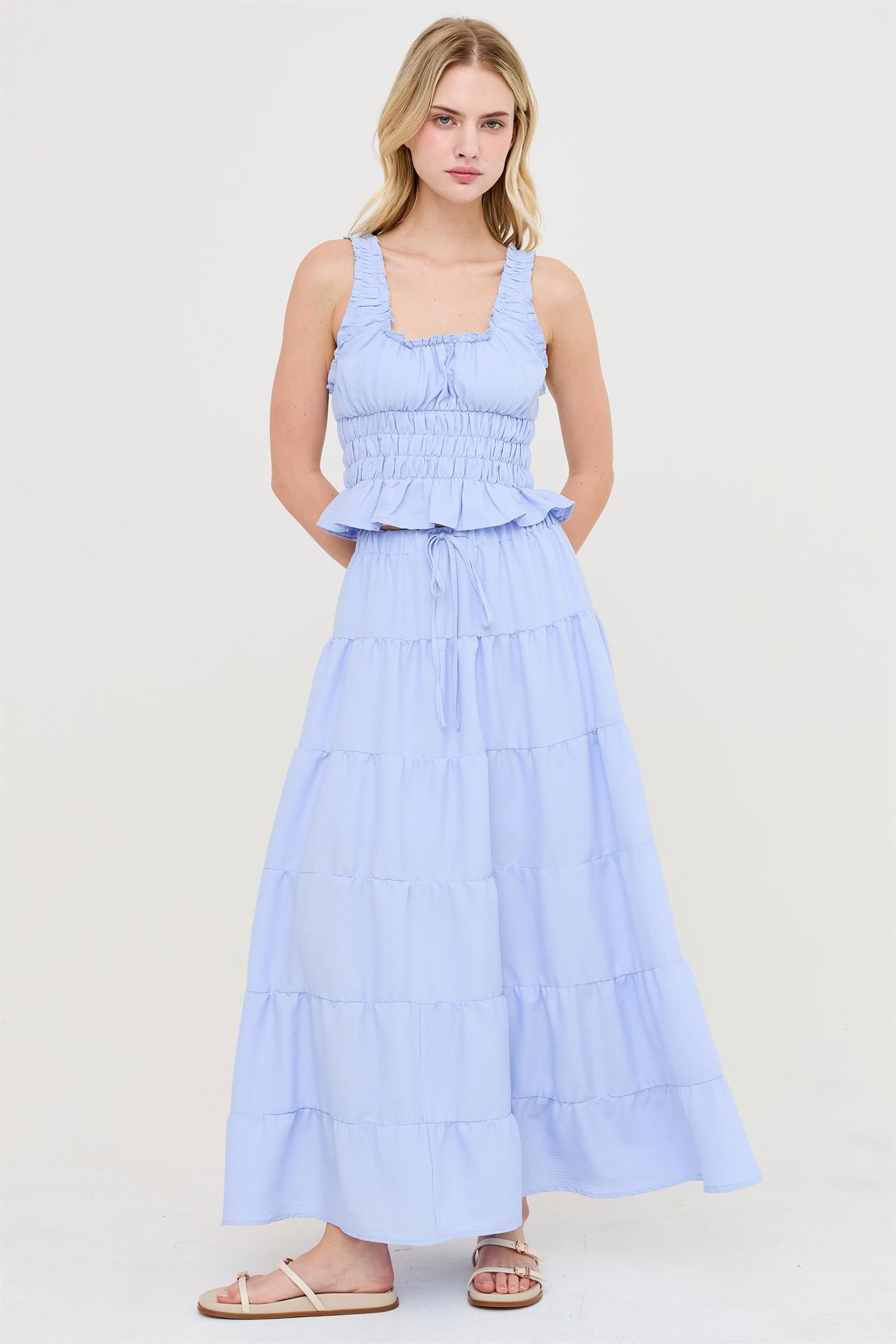 Wholesale Ruched Square Neck Smocked Top Clothing Tops HF26E388-D BLUE HYFVE