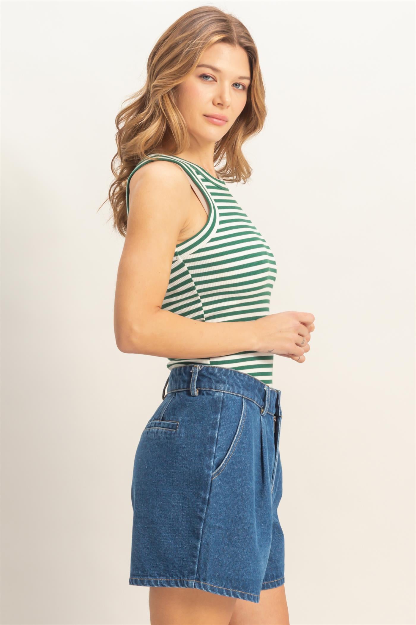 Wholesale Striped Ribbed Racerback Tank Tank Tops HF26C294-D GREEN HYFVE