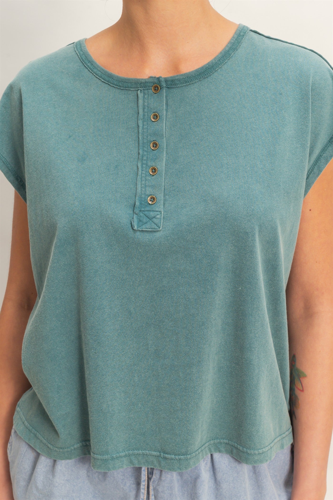Wholesale Henley Neck Cap Sleeve Top Clothing Tops DZ26E279 DARK TEAL DOUBLE ZERO