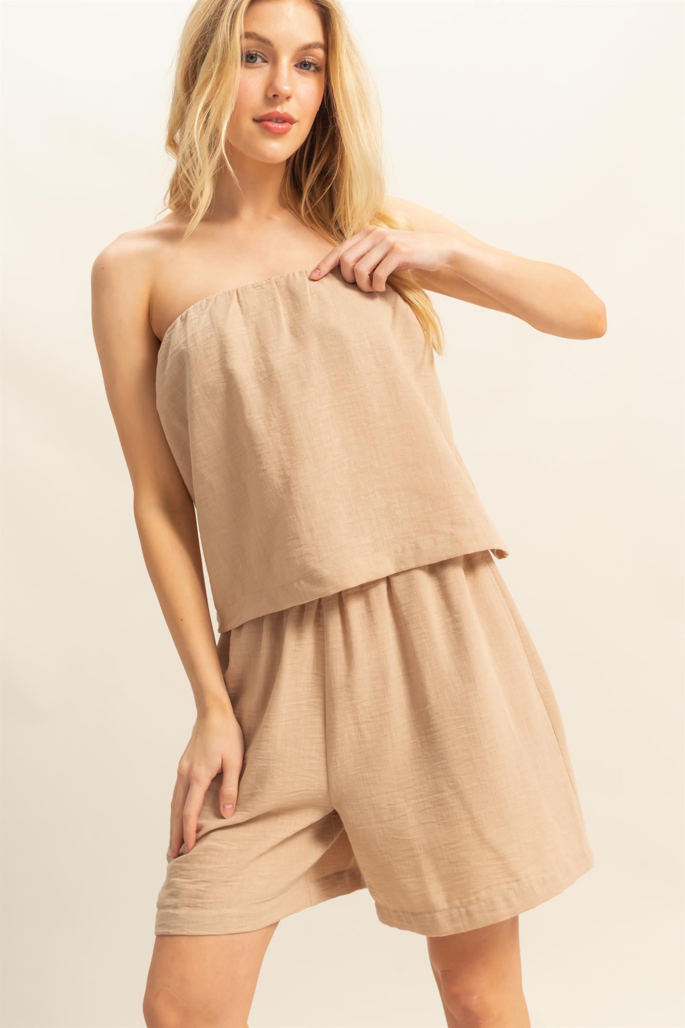 Wholesale Tube Top And Flowy Shorts Set Clothing HF25A273-SET BEIGE HYFVE
