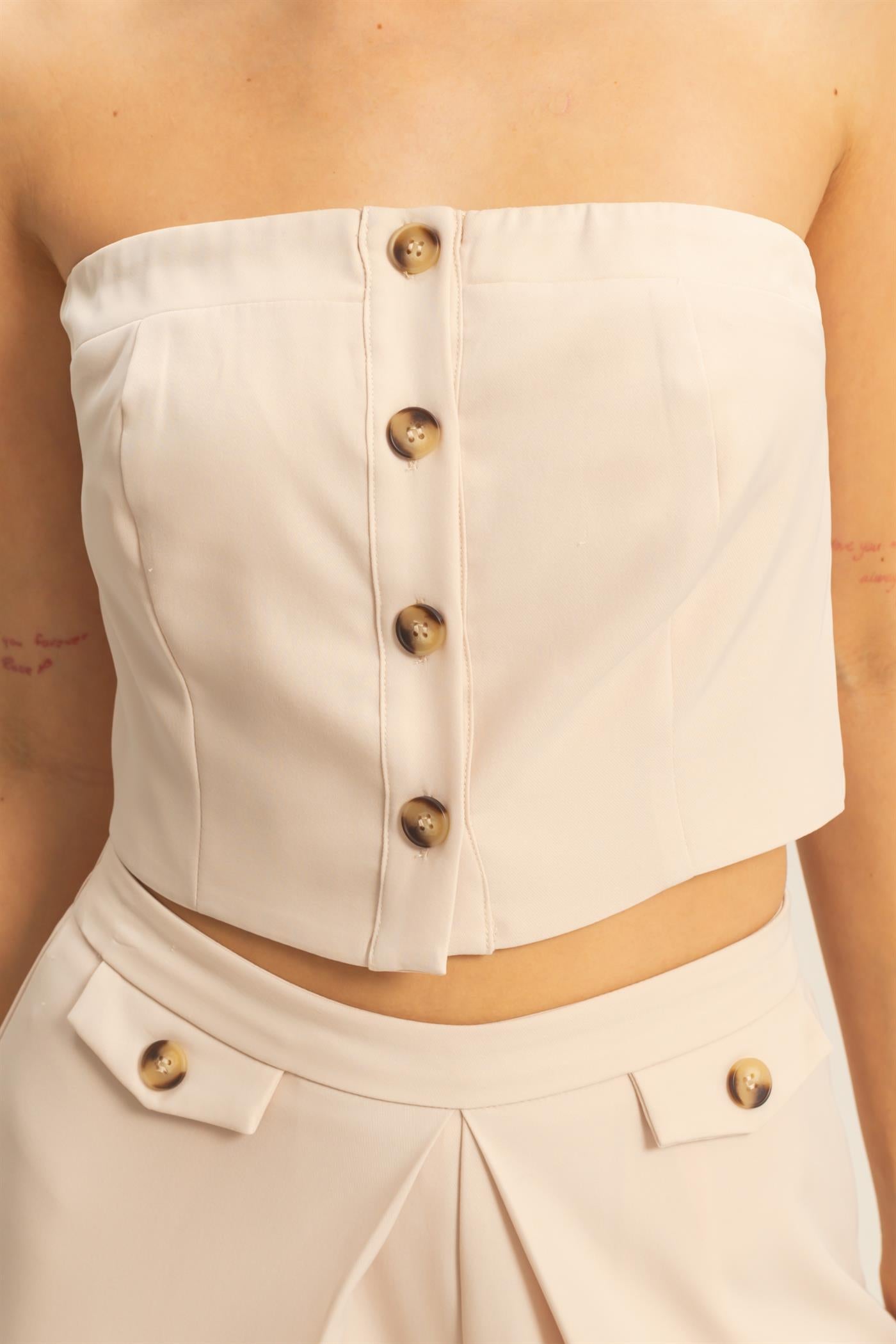 Wholesale Strapless Buttoned Top And Pants Set Clothing HF25E017-SET BEIGE HYFVE