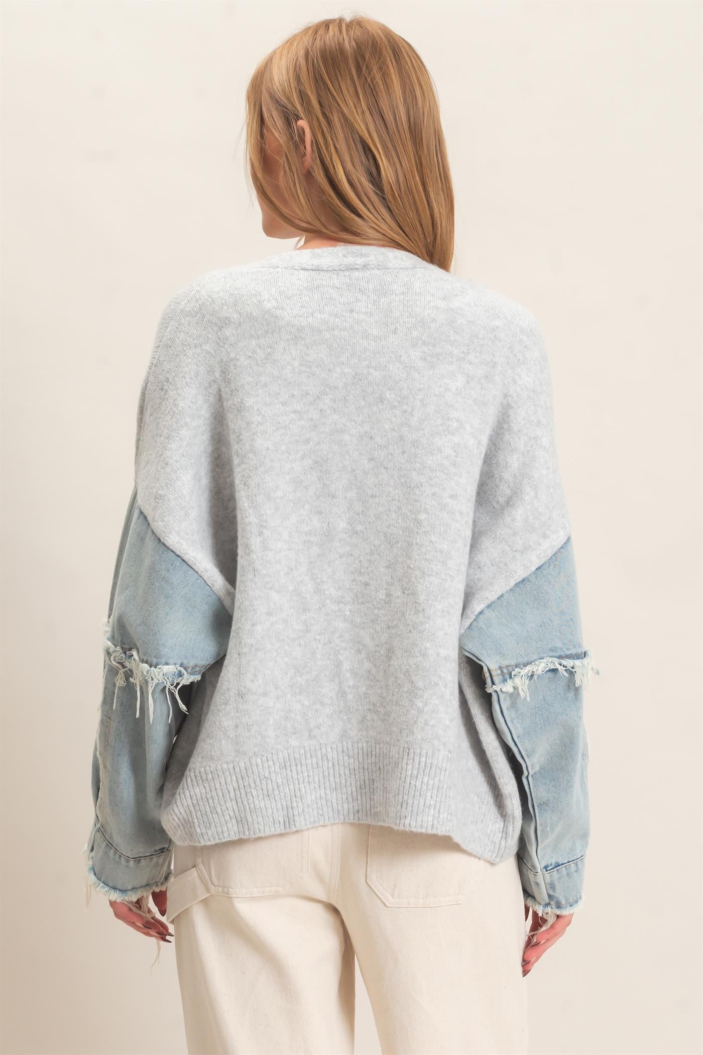 Wholesale V-Neck Cardigan With Distressed Denim Sleeves Cardigans HF26E838 LIGHT GRAY HYFVE
