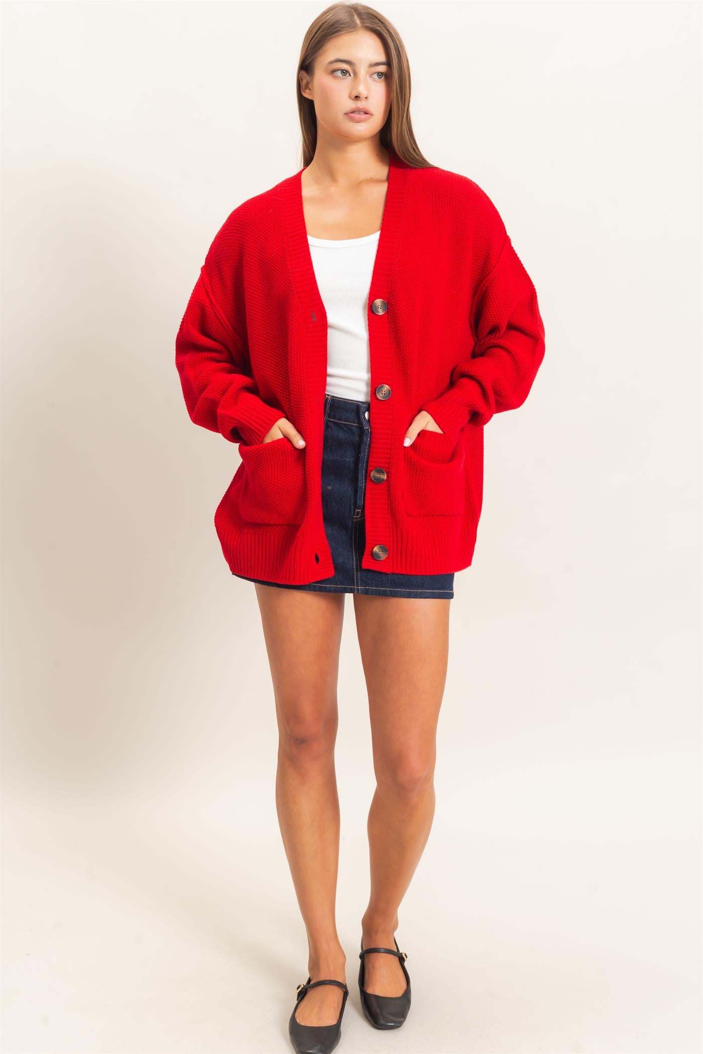 Wholesale Textured Oversized Knit Buttoned Cardigan Cardigans DZ26C971 RED DOUBLE ZERO