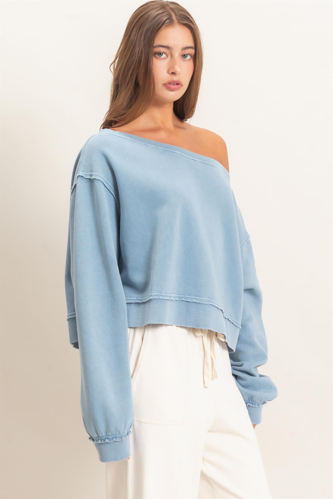 Wholesale Raw Edge Acid Wash Off The Shoulder Sweatshirt Sweatshirts DZ26F013 DUSTY BLUE DOUBLE ZERO