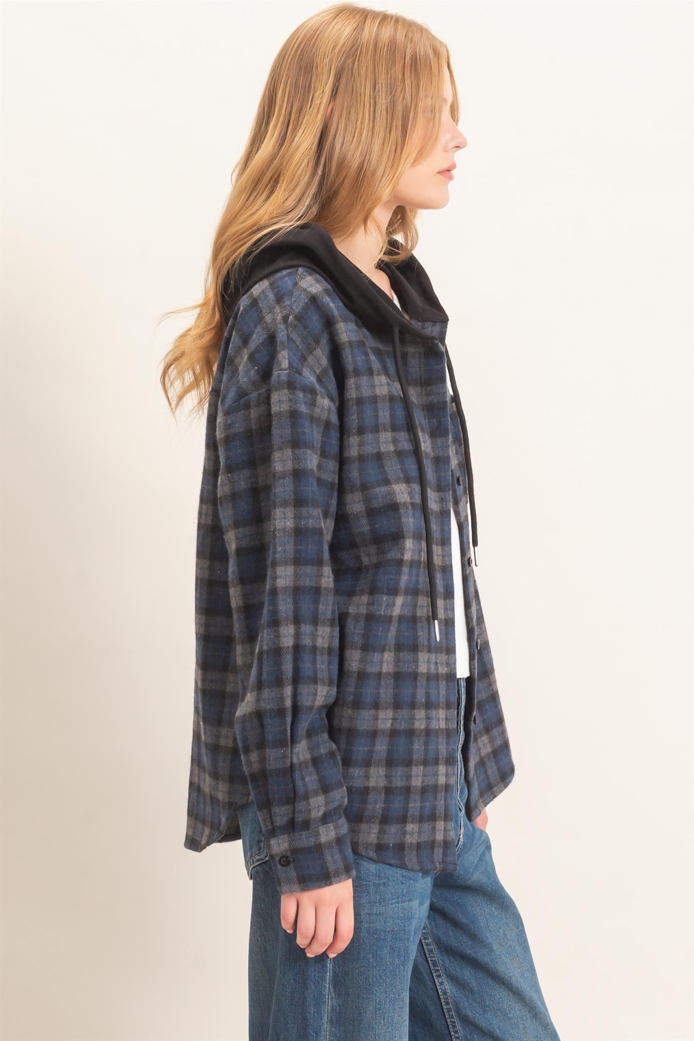 Wholesale Hooded Plaid Button-Up Shirt Shirts HF26F018 NAVY HYFVE