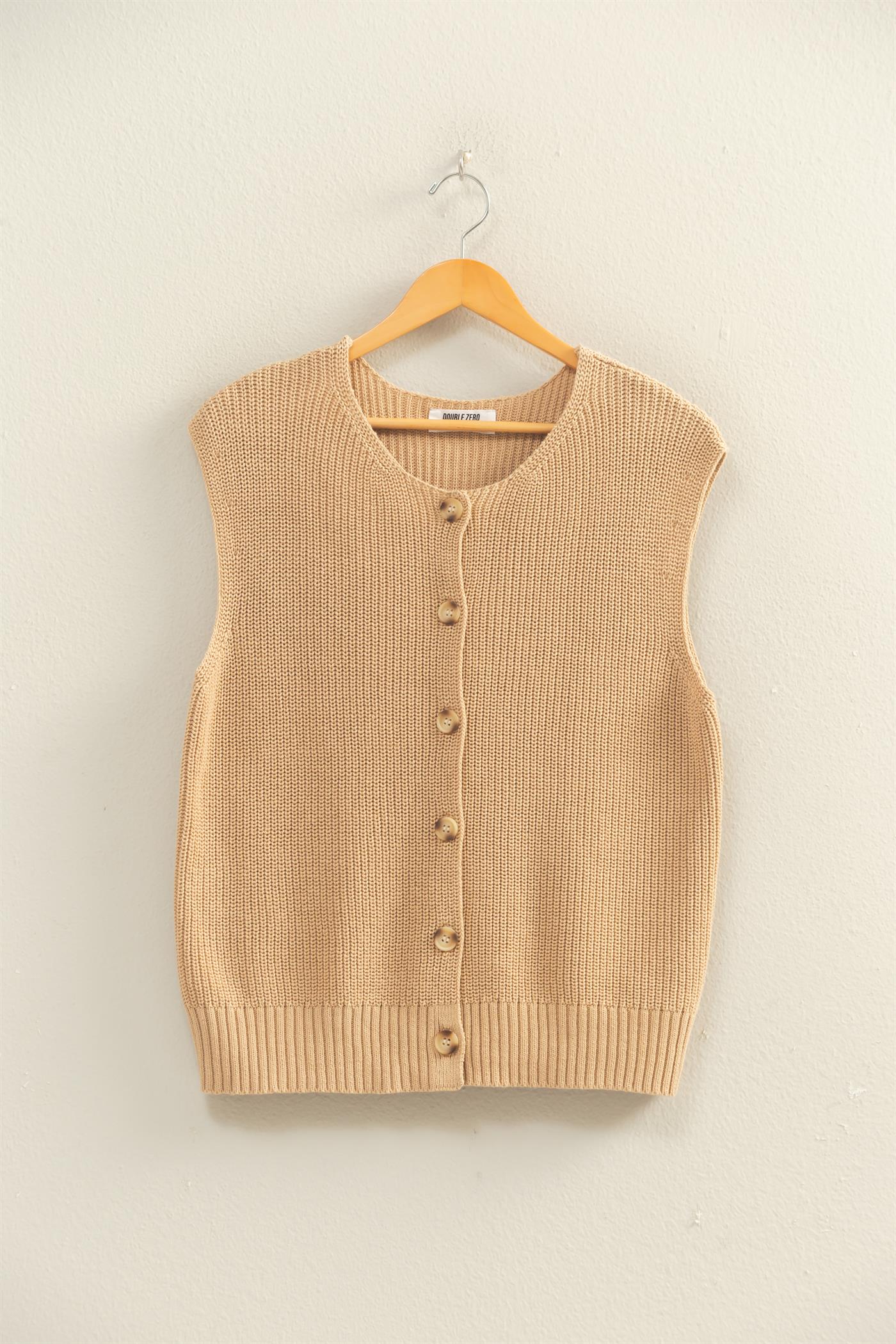 Wholesale Sleeveless Button-Up Ribbed Vest Sweaters DZ26A833 TAUPE DOUBLE ZERO