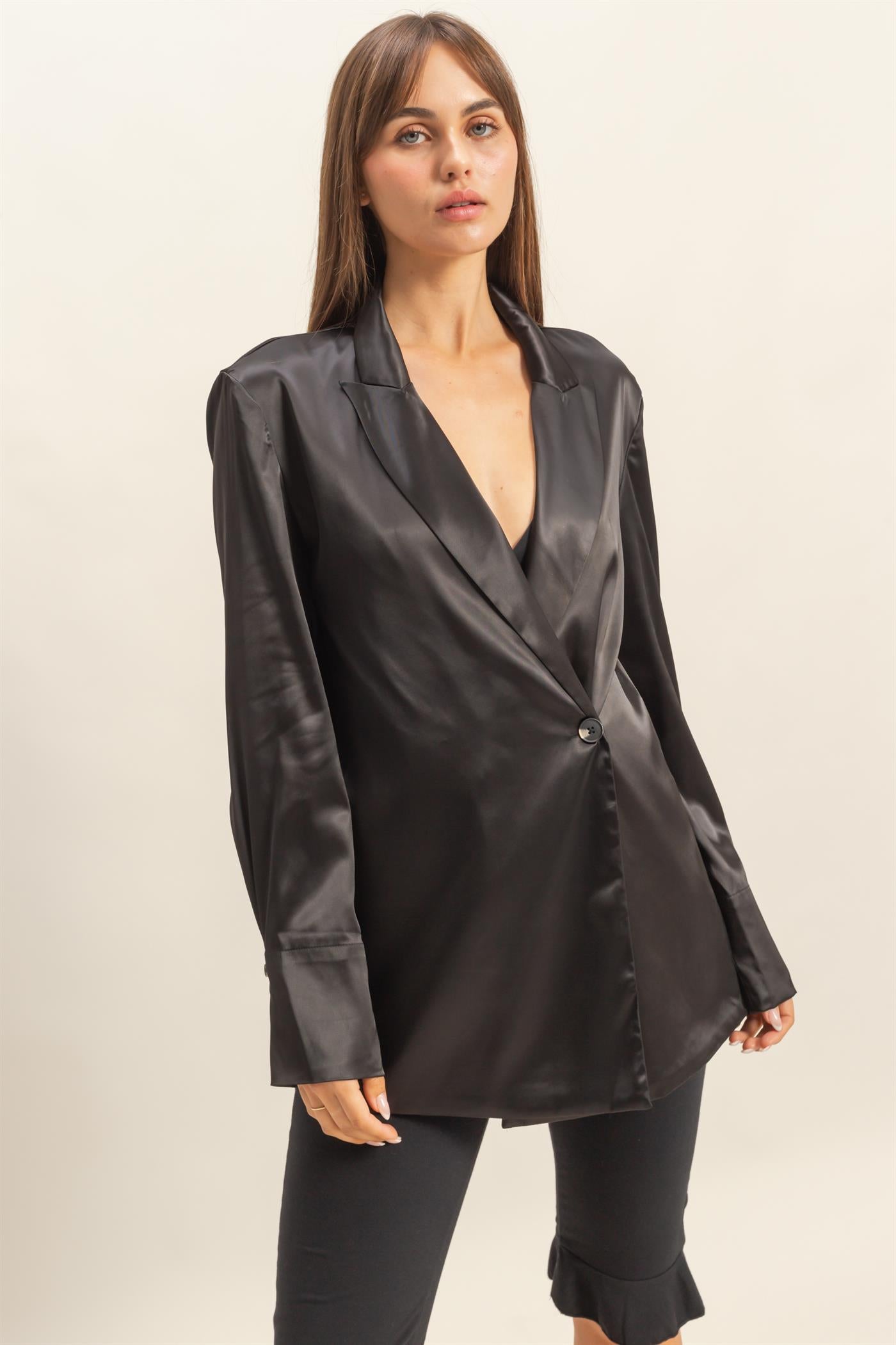 Wholesale Satin Long Sleeve Blazer Coats & Jackets HF23G242 BLACK HYFVE